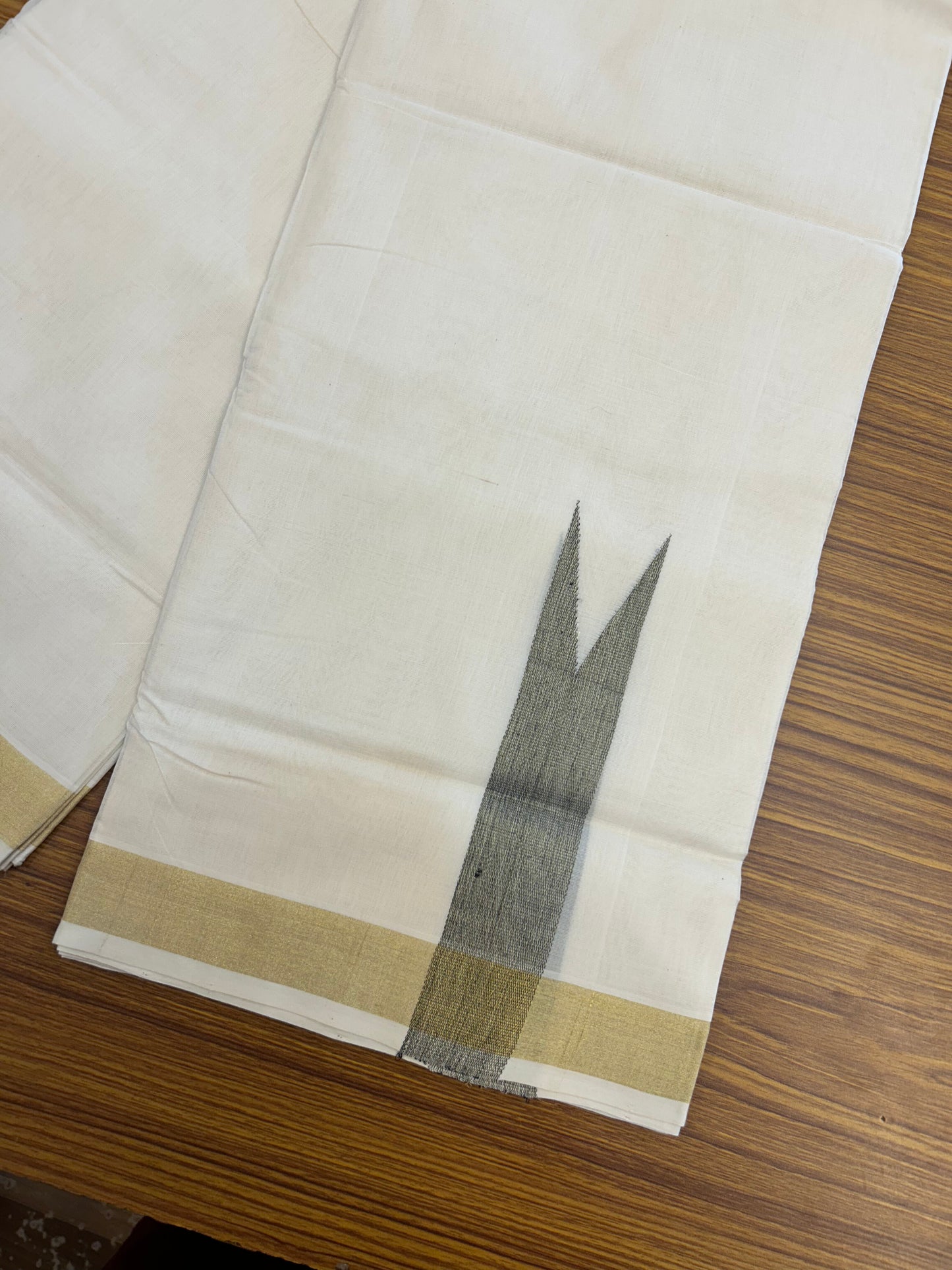 25% Discount ! KaithariKada Handloom Unakkupaav Kerala Handloom - 100% Pure Cotton Off White - (Unbleached) Double Mundu/Dhoti - 100x80 - 1.75 Inch Gold Kasav & Black Big Chutty kara 4 mtr( 8.5 muzham) - 27 KK5352 ABH