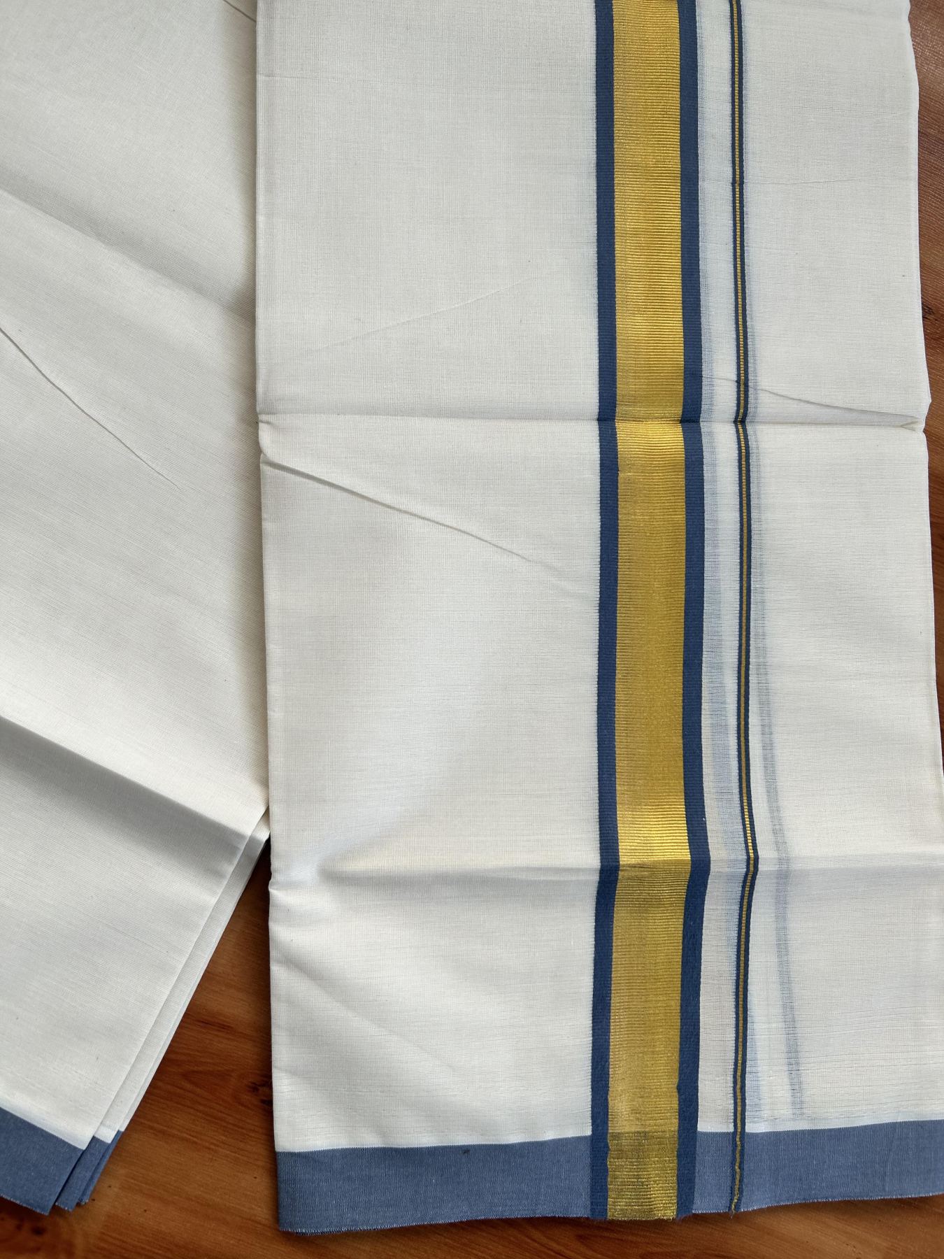 Double Off White - (Unbleached) Mundu/Dhoti - 20% Discount! KaithariKada Balaramapuram Pure Cotton - 80s - 1.25 inch Gold Kasav & Ash Blue Kara - 4 mtr (8.5 Muzham) - 39 KK5416 GAN