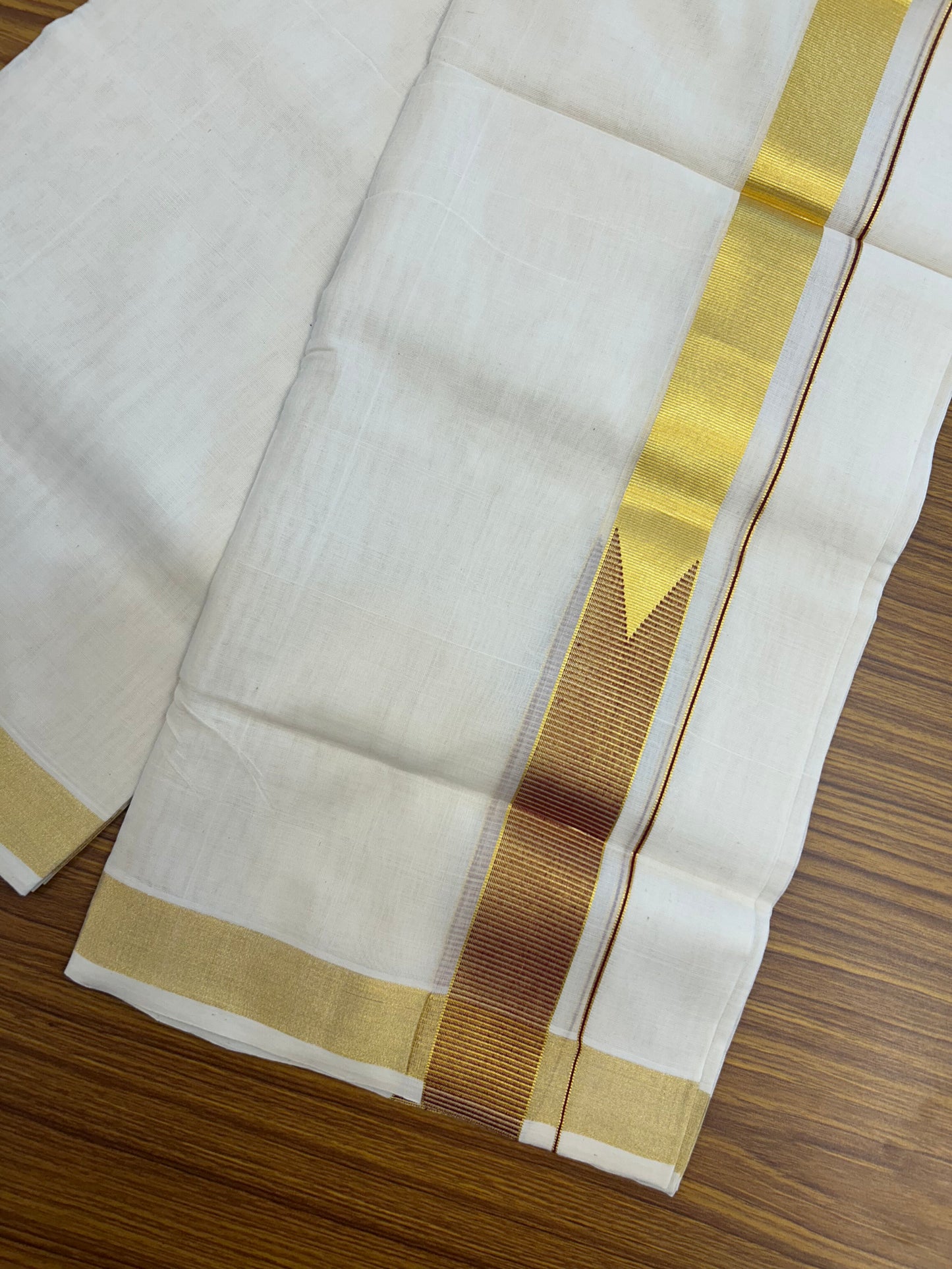 25% Discount ! KaithariKada Handloom Unakkupaav Kerala Handloom - 100% Pure Cotton Off White - (Unbleached) Double Mundu/Dhoti - 100x80 - 1.5 Inch Gold Kasav & Maroon Chutty kara 4 mtr( 8.5 muzham) - 29 KK5352 ABH