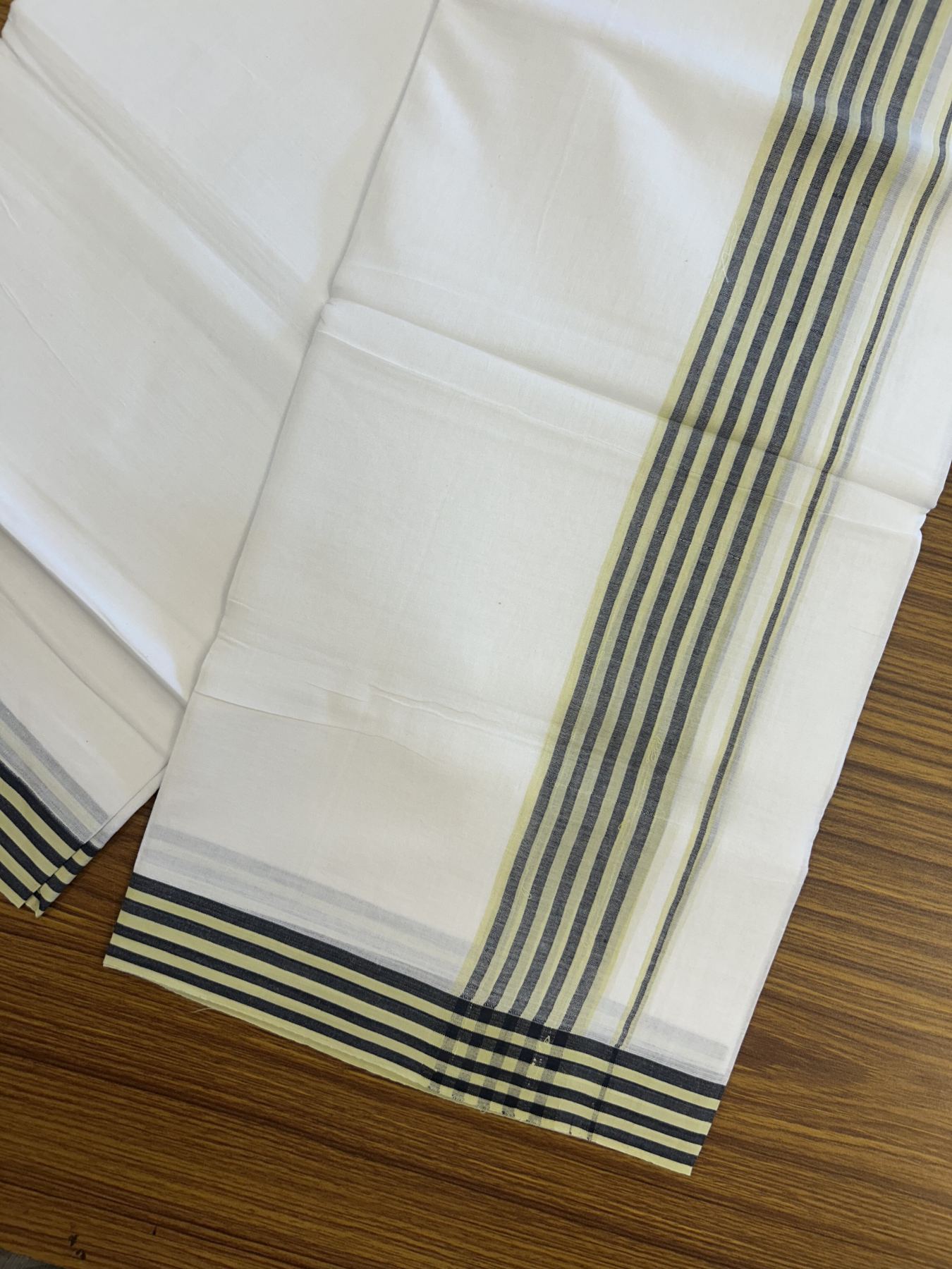 20% Discount ! Kaitharikada Balaramapuram 100% Cotton Pure White Double Mundu/Dothi - 100x80 - 1.25 inch Light Yellow & Black Shaded Striped Kara 3.80 mtr (8 muzham) - 6 KK5319 THI