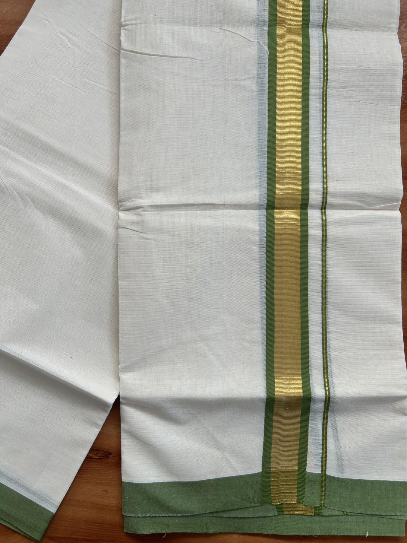 Double Off White - (Unbleached) Mundu/Dhoti - 20% Discount! KaithariKada Balaramapuram Pure Cotton - 80s - 1.25 inch Gold Kasav & Parrot Green Kara - 4 mtr (8.5 Muzham) - 29 KK5416 GAN