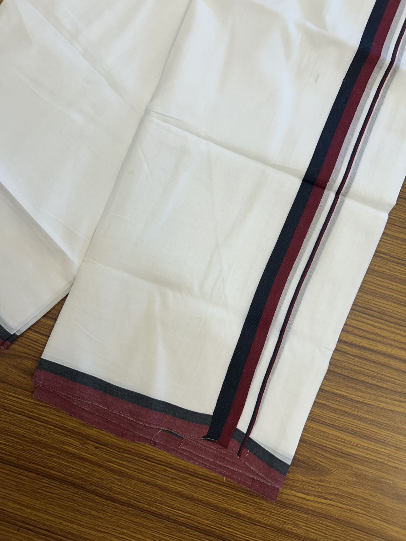 Dmk Veshti - 20% Discount ! KaithariKada 100% Cotton Pure White Double Mundu/Dhoti - 100X80 - 0.75 inch Black & Maroon Red kara 3.80 mtr (8 mulam)- 9 KK5319 THI