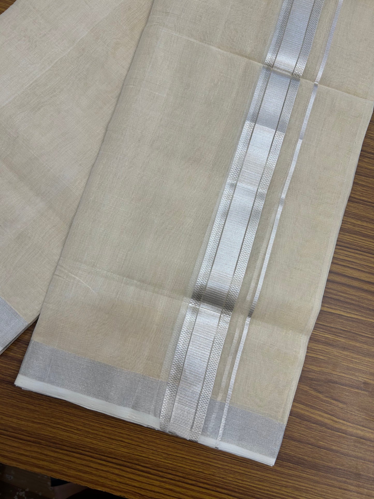 25% Discount ! KaithariKada Handloom Unakkupaav Kerala Handloom - Pure Cotton Off White - (Unbleached) Double Mundu/Dhoti - (100X80) - 1.75 inch Antique Silver Kasav Stipes Light Gold Kasavu Tissue Body 4 mtr (8.5 Muzham) - 34 KK5352 ABH