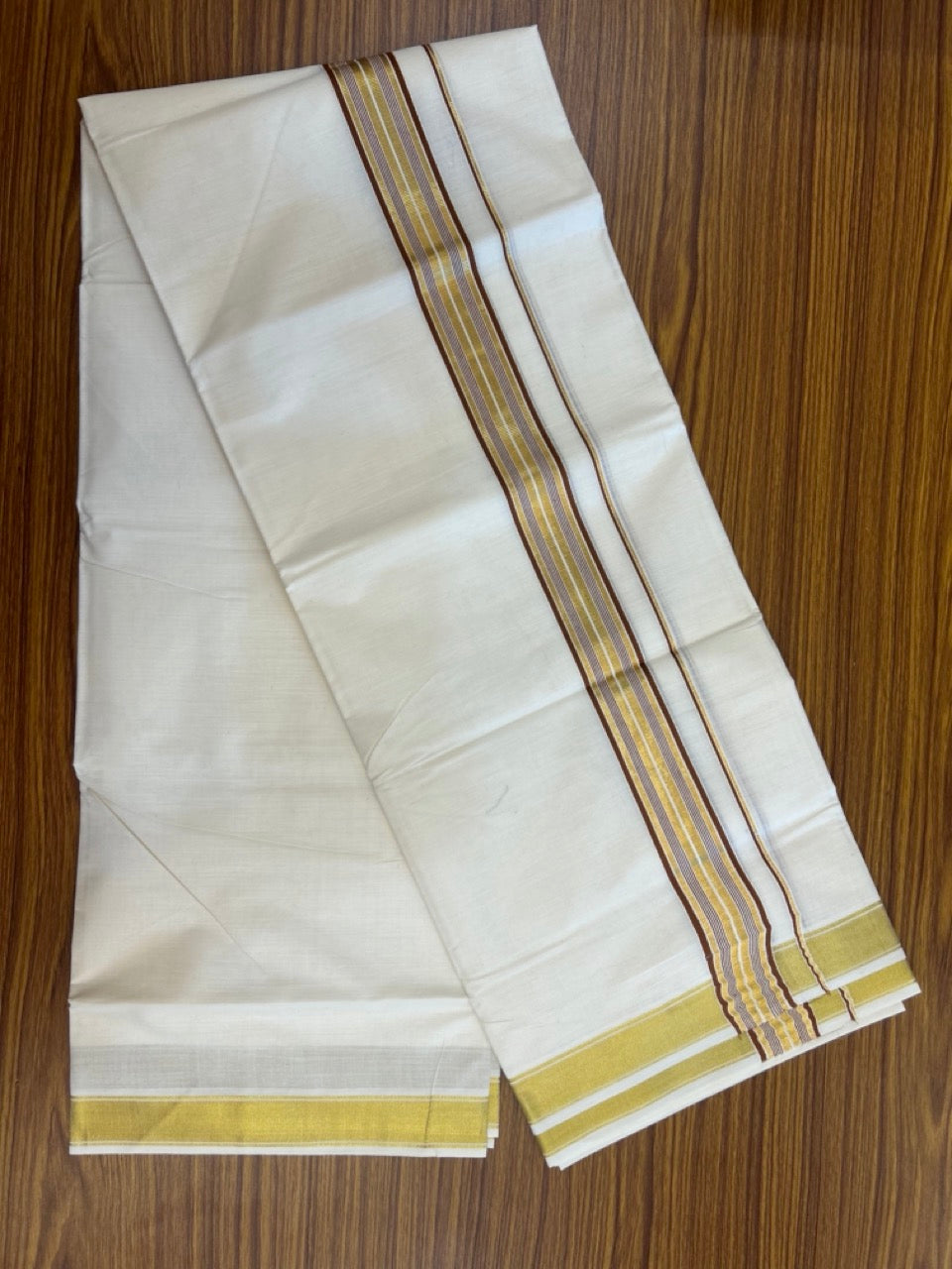20% Discount! KaithariKada Balaramapuram 100% Cotton Double Off White - (Unbleached) Mundu/Dhoti - 80x80 - 1.5 inch Kasavu & Brown stripes kara - 4 mtrs - 22 KK5281 GAN