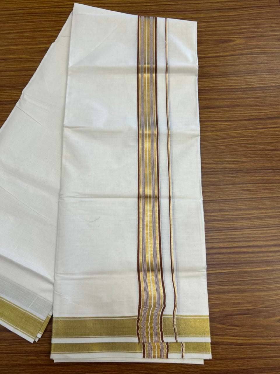 20% Discount! KaithariKada Balaramapuram 100% Cotton Double Off White - (Unbleached) Mundu/Dhoti - 80x80 - 1.5 inch Kasavu & Brown stripes kara - 4 mtrs - 22 KK5281 GAN