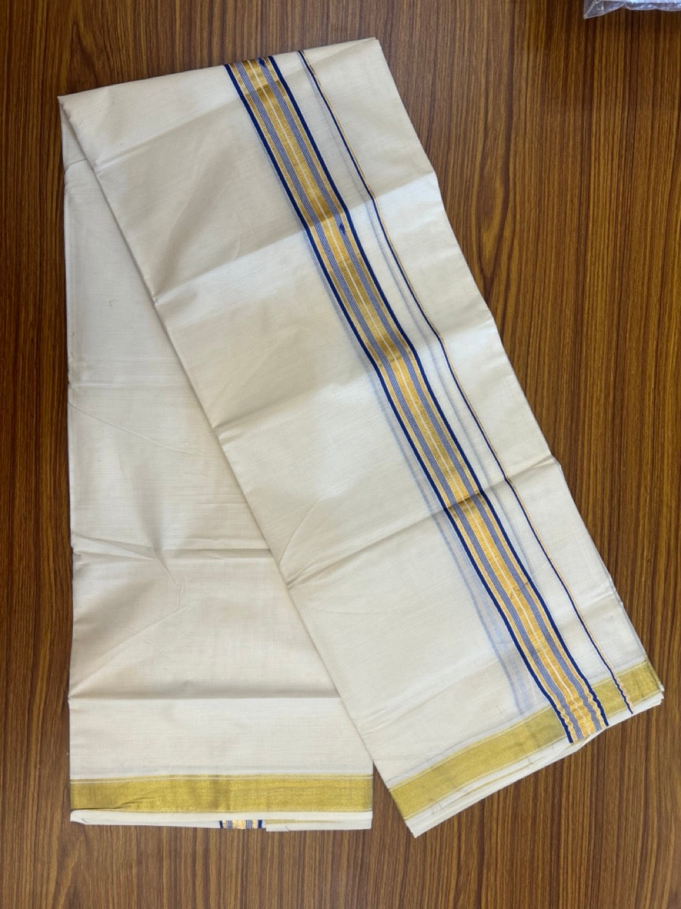 20% Discount! KaithariKada Balaramapuram 100% Cotton Double Off White - (Unbleached) Mundu/Dhoti - 80x80 - 1.5 inch Kasavu & Blue stripes kara - 4 mtrs - 21 KK5281 GAN