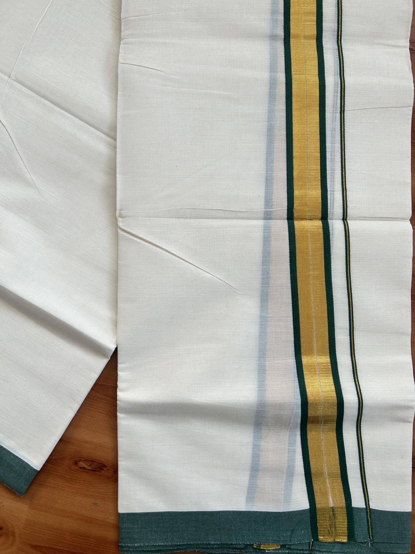 Double Off White - (Unbleached) Mundu/Dhoti - 20% Discount! KaithariKada Balaramapuram Pure Cotton - 80s - 1.25 inch Gold Kasav & Green Kara - 4 mtr (8.5 Muzham) - 28 KK5416 GAN