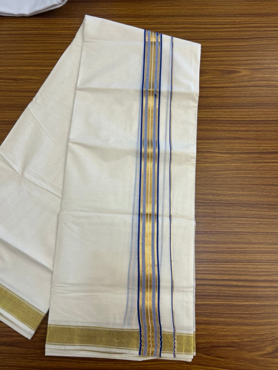 20% Discount! KaithariKada Balaramapuram 100% Cotton Double Off White - (Unbleached) Mundu/Dhoti - 80x80 - 1.5 inch Kasavu & Blue stripes kara - 4 mtrs - 21 KK5281 GAN