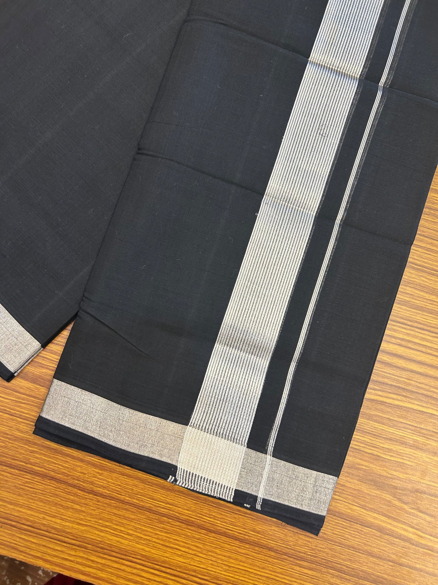 25% Discount! KaithariKada Handloom Unakkupaav - Kerala Handloom - Pure Cotton Double Mundu/Dhoti (Unbleached) - 100x80 - Black Colour Body - 1.75 inch Silver Kasav Stripes Kara - 36 KK5352 ABH