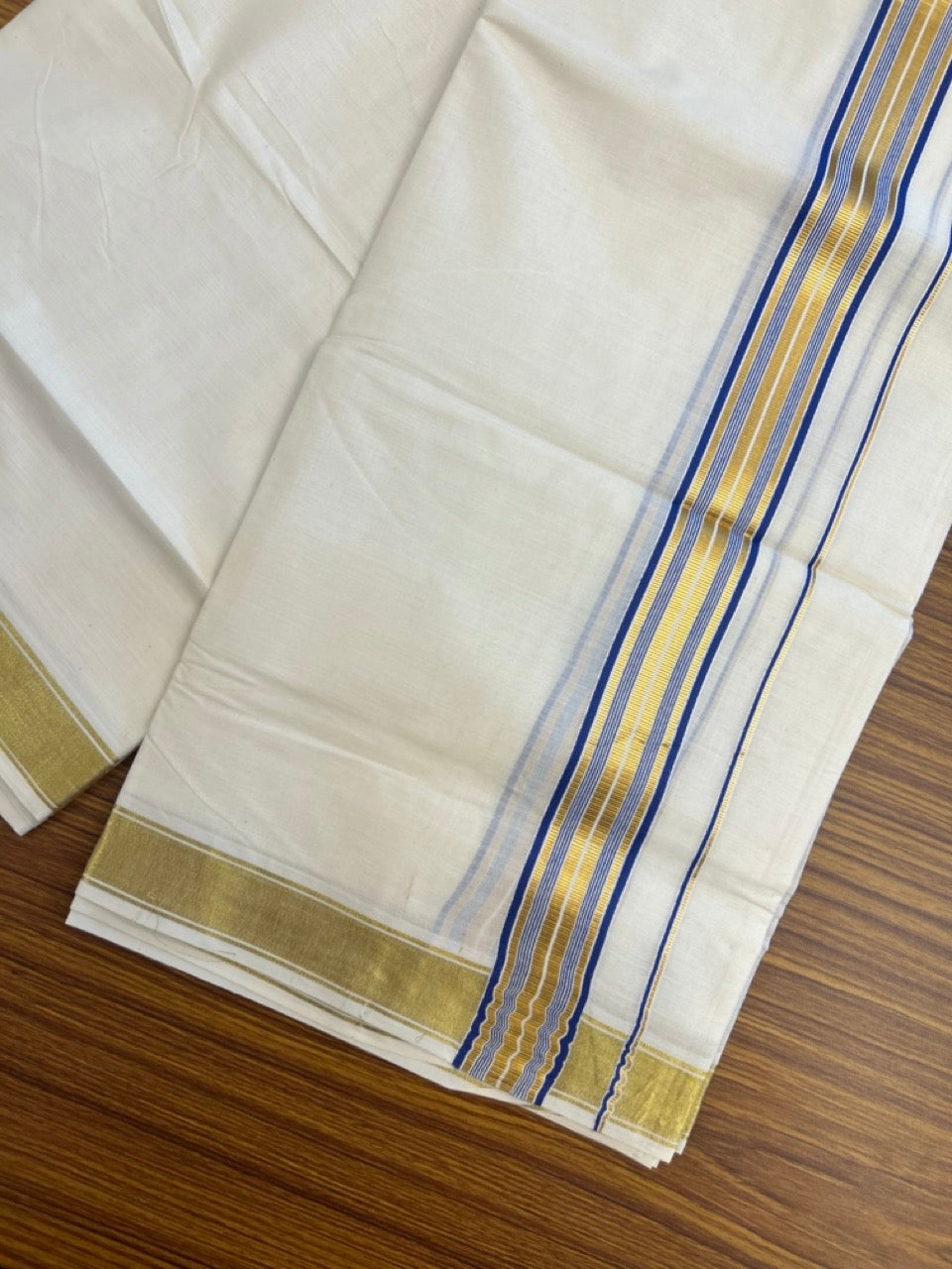 20% Discount! KaithariKada Balaramapuram 100% Cotton Double Off White - (Unbleached) Mundu/Dhoti - 80x80 - 1.5 inch Kasavu & Blue stripes kara - 4 mtrs - 21 KK5281 GAN