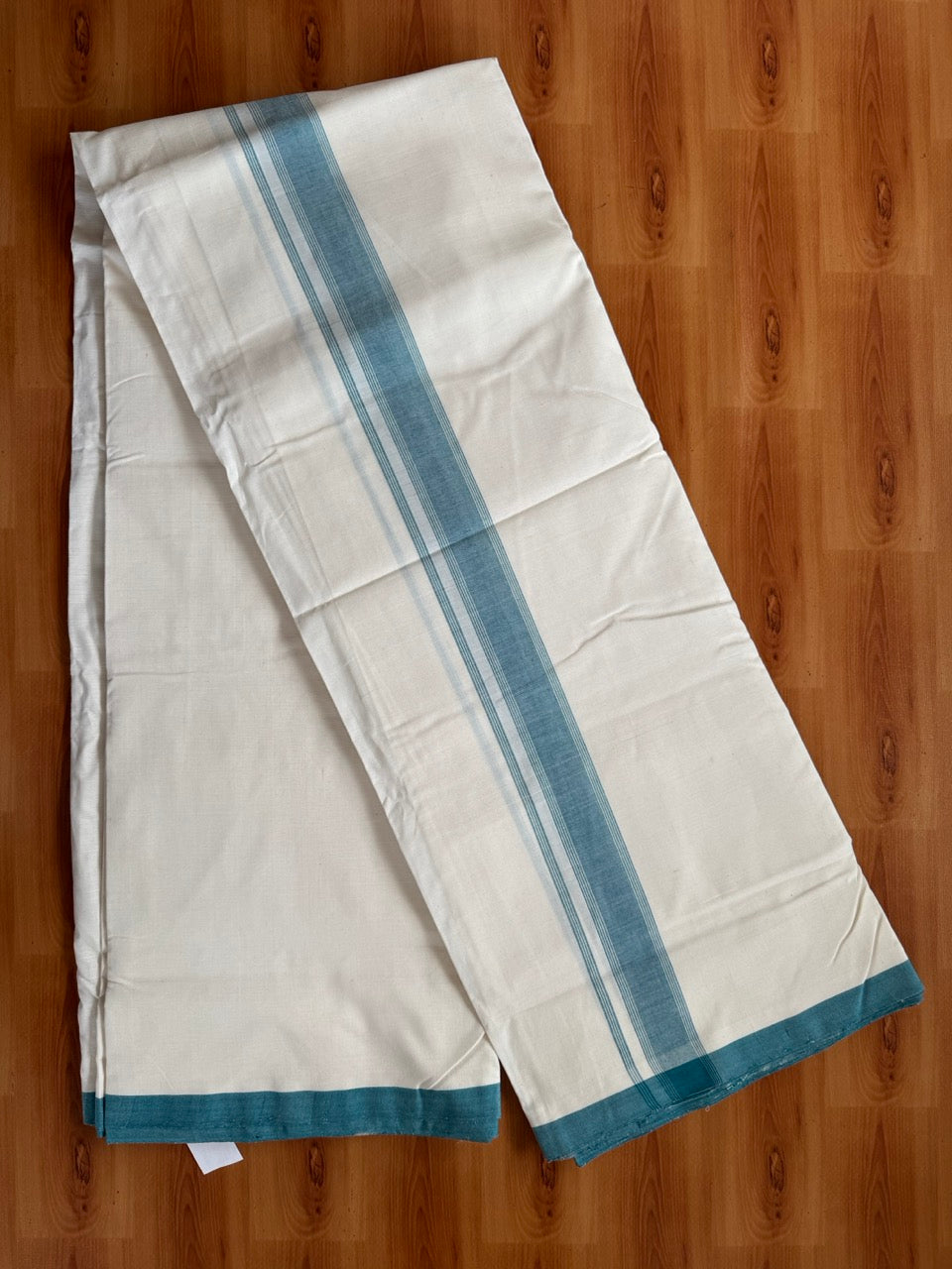 Double Off white -(2/ 120 x 120)- Kerala Handloom - Signature Kaitharikada - 100% Pure Cotton Unakkuppav Thread - Kerala Mundu / Dhoti - 1.75 inch Green Striped Kara - 1 KK5492 KAL
