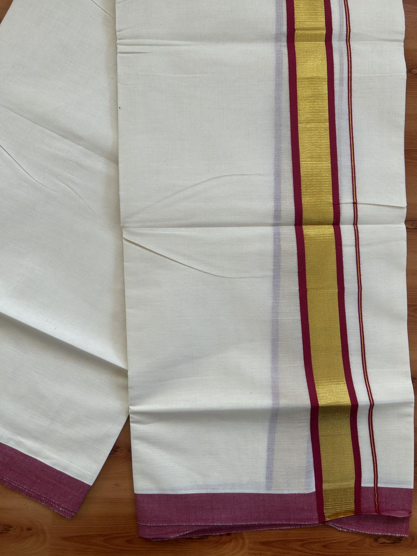 Double Off White - (Unbleached) Mundu/Dhoti - 20% Discount! KaithariKada Balaramapuram Pure Cotton - 80s - 1.25 inch Gold Kasav & Maroon Kara - 4 mtr (8.5 Muzham) - 33 KK5416 GAN