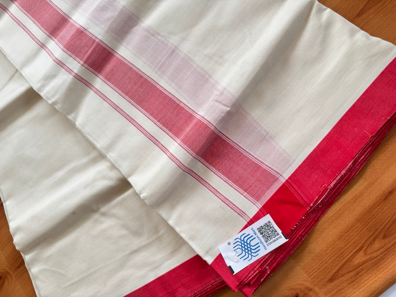 Double Off white -(2/ 120 x 120)- Kerala Handloom - Signature Kaitharikada - 100% Pure Cotton Unakkuppav Thread - Kerala Mundu / Dhoti - 1.25 inch Pink Red Striped Kara - 3 KK5492 KAL