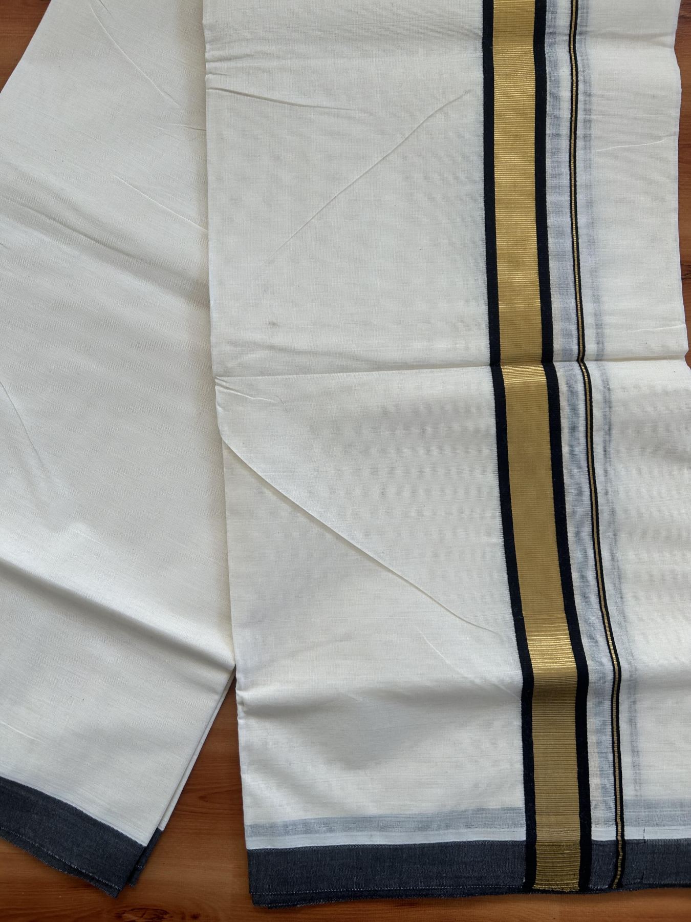 Double Off White - (Unbleached) Mundu/Dhoti - 20% Discount! KaithariKada Balaramapuram Pure Cotton - 80s - 1.25 inch Gold Kasav & Black Kara - 4 mtr (8.5 Muzham) - 36 KK5416 GAN