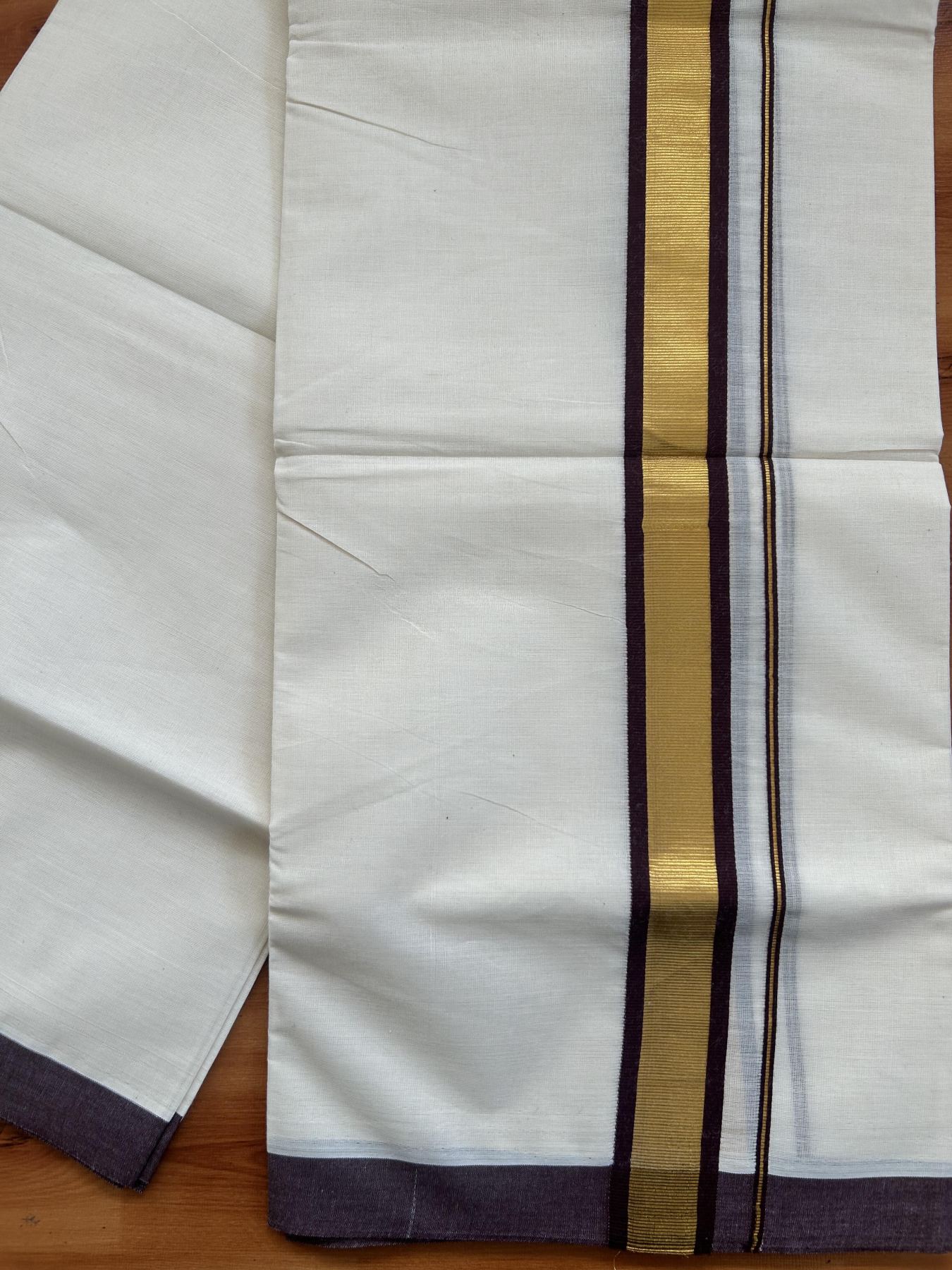 Double Off White - (Unbleached) Mundu/Dhoti - 20% Discount! KaithariKada Balaramapuram Pure Cotton - 80s - 1.25 inch Gold Kasav & Brown Kara - 4 mtr (8.5 Muzham) - 35 KK5416 GAN