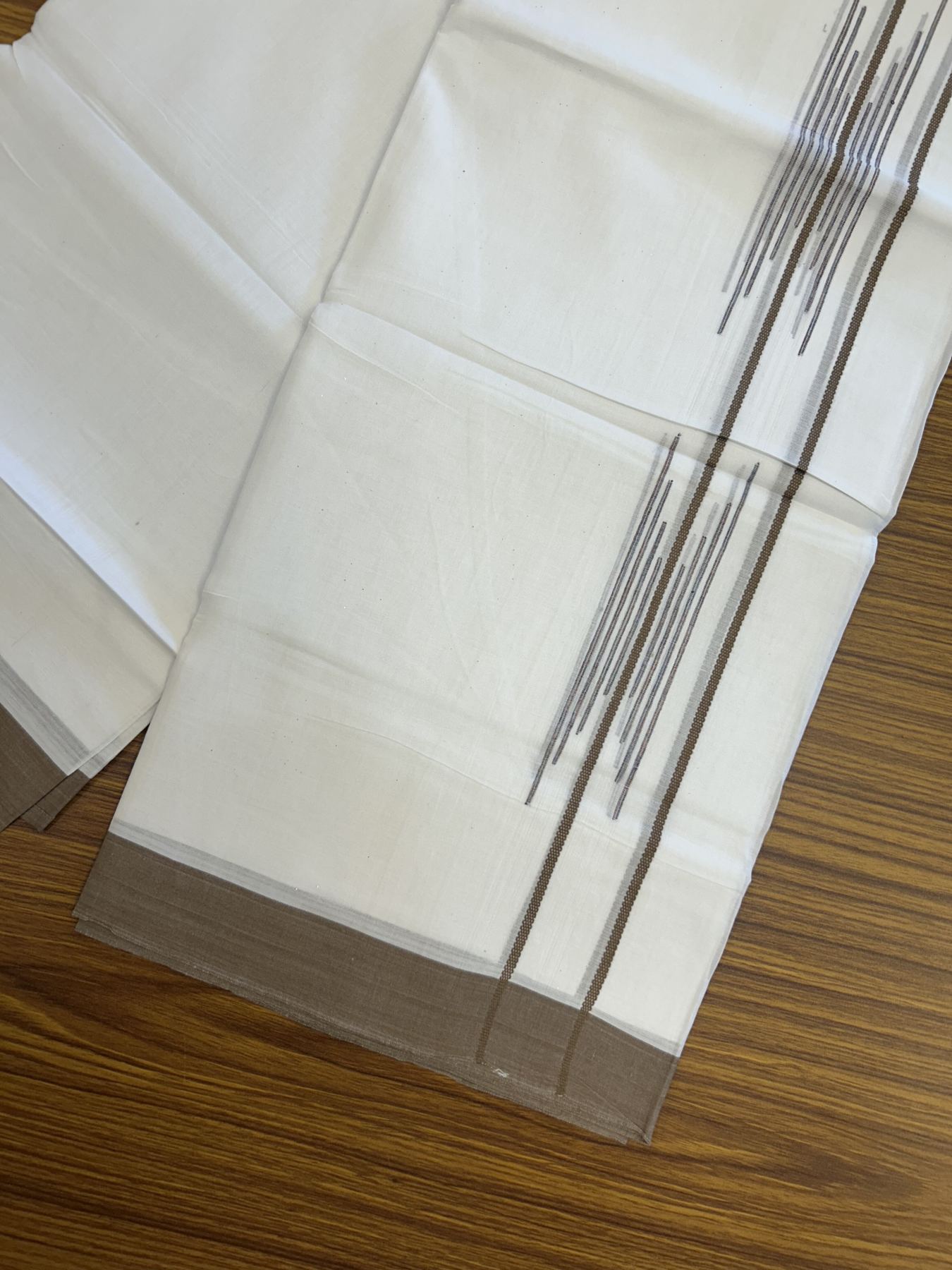 20% Discount ! Kaitharikada Balaramapuram 100% Cotton Pure White Double Mundu/Dothi - 100x80 - 1.5 inch Dark Brown & Multi colour Stripes Design Kara 3.80 mtr (8 muzham) - 21 KK5319 THI