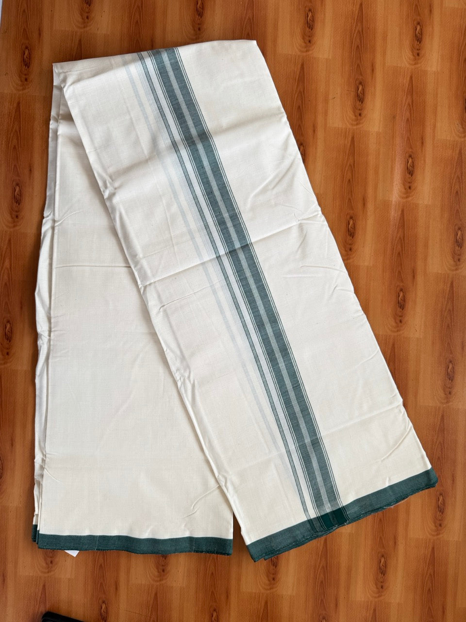 Double Off white -(2/ 120 x 120)- Kerala Handloom - Signature Kaitharikada - 100% Pure Cotton Unakkuppav Thread - Kerala Mundu / Dhoti - 1.5 inch Dark Green Kara - 10 KK5492 KAL