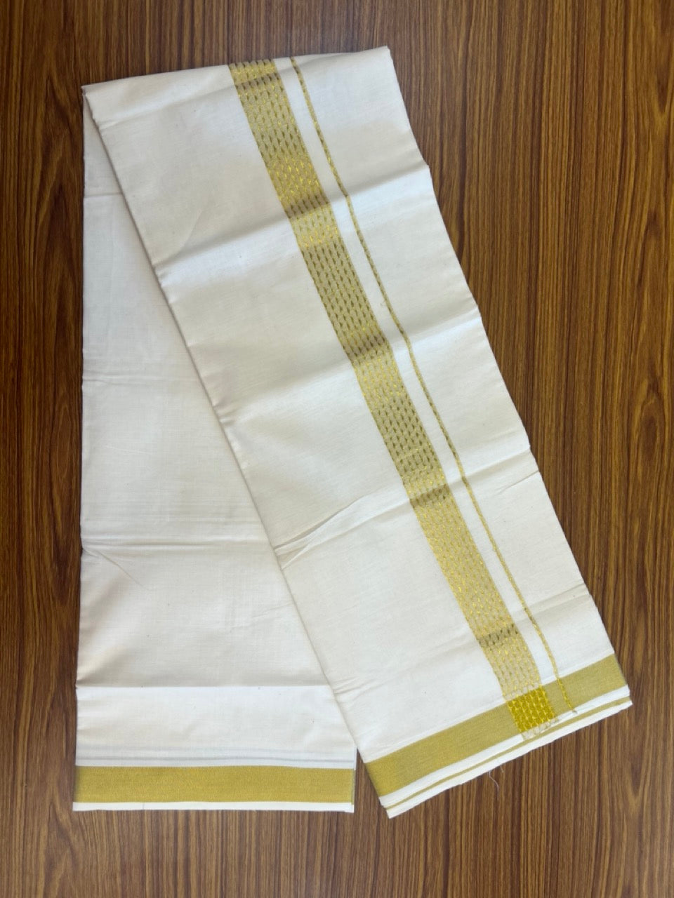 KaithariKada Balaramapuram Pure Cotton DOUBLE OFF WHITE - (Ubleached) Mundu/Dhoti - 60s - 1.5 inch Gold Kasav Jacquard Design Kara 4 mtr (8.5 muzham) - 9 KK5281 GAN