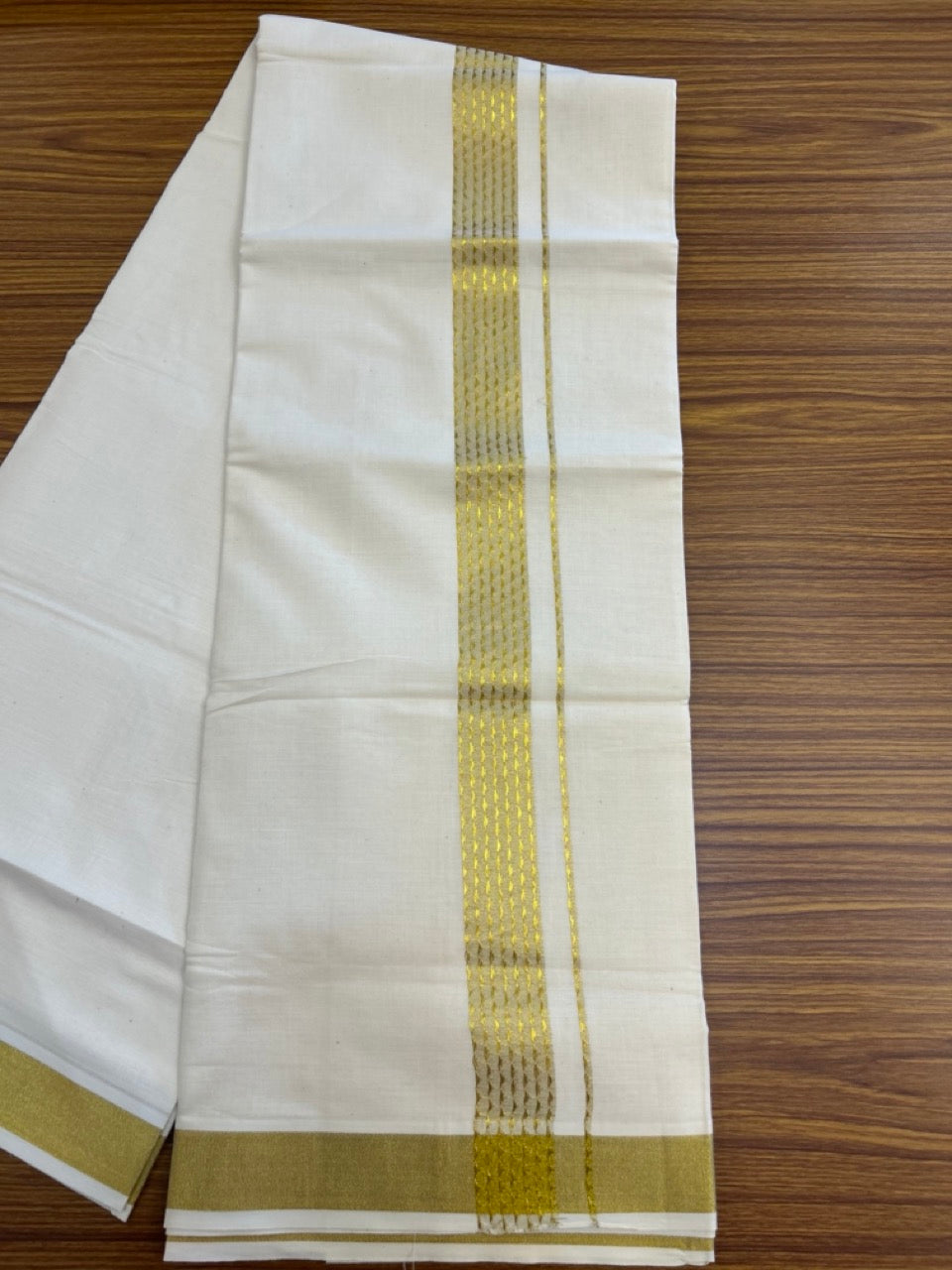 KaithariKada Balaramapuram Pure Cotton DOUBLE OFF WHITE - (Ubleached) Mundu/Dhoti - 60s - 1.5 inch Gold Kasav Jacquard Design Kara 4 mtr (8.5 muzham) - 9 KK5281 GAN
