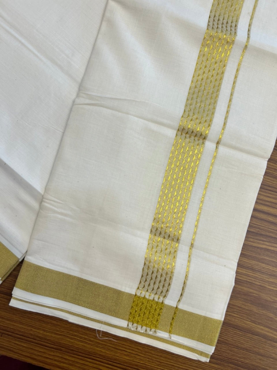 KaithariKada Balaramapuram Pure Cotton DOUBLE OFF WHITE - (Ubleached) Mundu/Dhoti - 60s - 1.5 inch Gold Kasav Jacquard Design Kara 4 mtr (8.5 muzham) - 9 KK5281 GAN