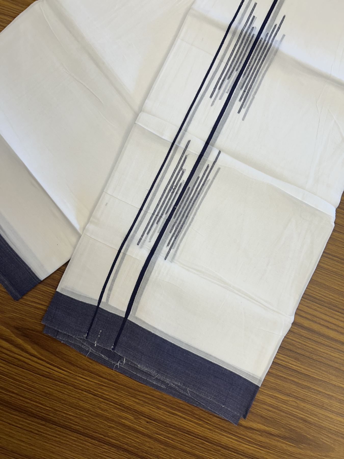 20% Discount ! Kaitharikada Balaramapuram 100% Cotton Pure White Double Mundu/Dothi - 100x80 - 1.5 inch Navy Blue Stripes Design Kara 3.80 mtr (8 muzham) - 14 KK5319 THI