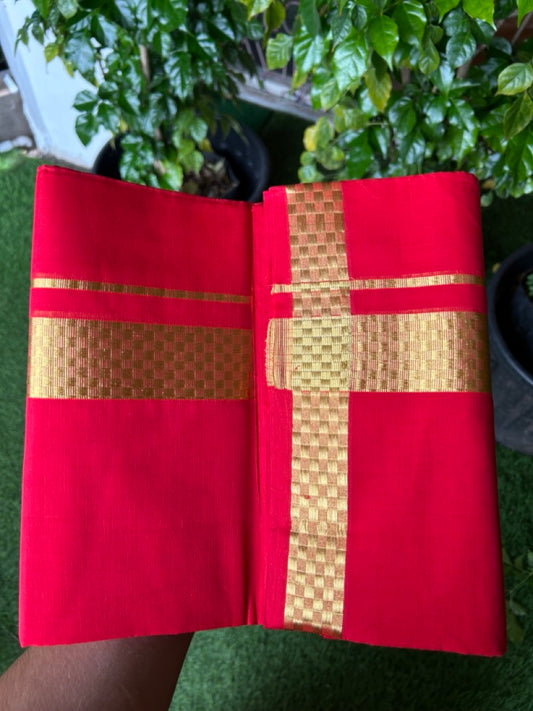 25% Discount! KaithariKada Handloom UNAKKUPAAV Balaramapuram - 100% Cotton Double Mundu/Dhoti - Chilli Red Colour Body - 1.5 inch Gold Kasavu Jacquard Design Kara - 20KK5208ABH