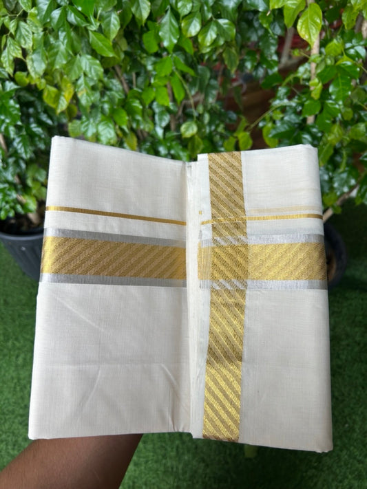 25% DISCOUNT ! KaithariKada HANDLOOM UNAKKUPAAV Balaramapuram - 100% PURE Cotton Off White - (Unbleached) Double Mundu/Dhoti - 1.75 inch Gold Kasavu & Silver Kasavu Striped Jacquard Design Kara - 3KK5208ABH
