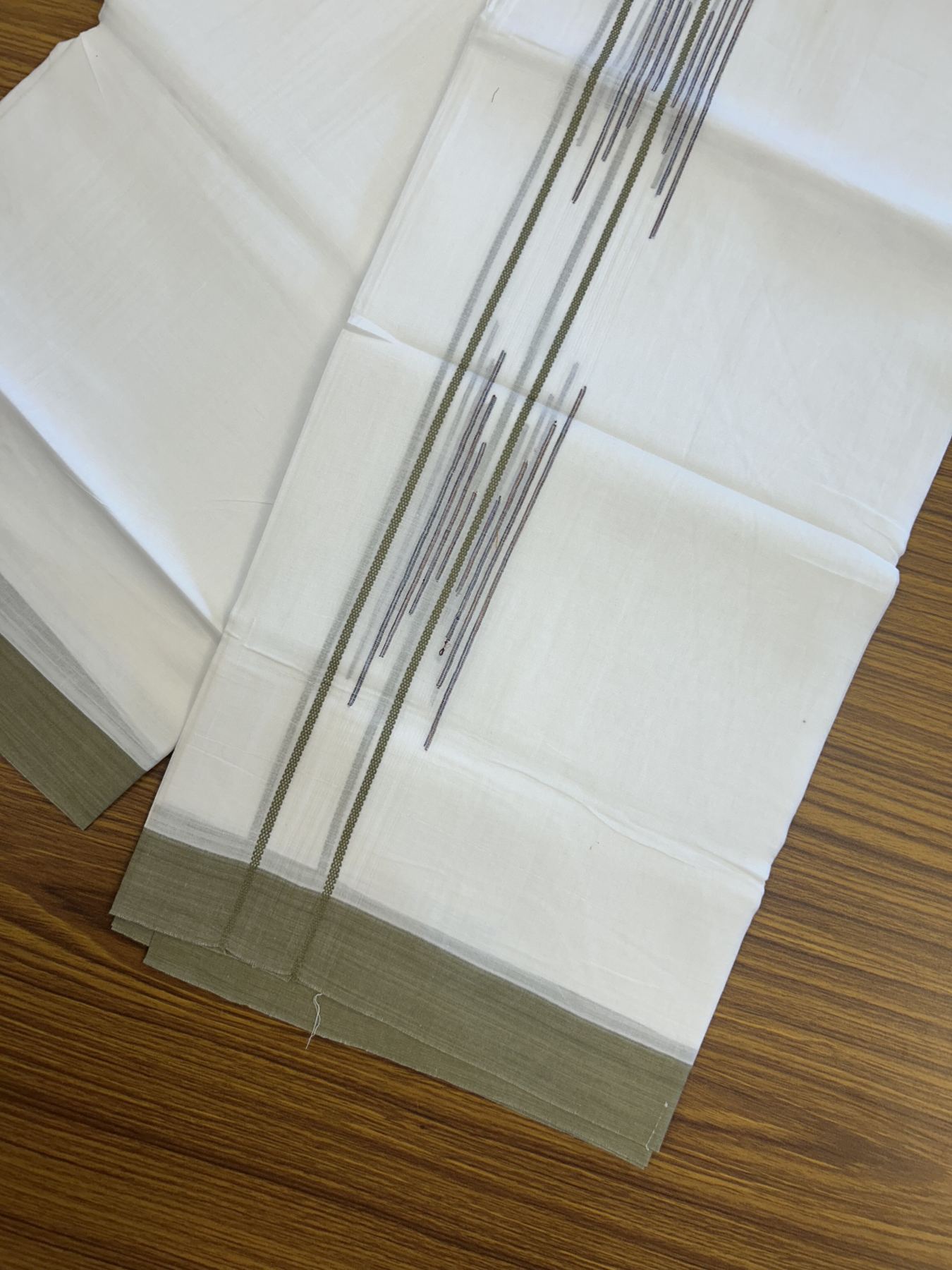 20% Discount ! Kaitharikada Balaramapuram 100% Cotton Pure White Double Mundu/Dothi - 100x80 - 1.5 inch Light Olive Green & Multi colour Stripes Design Kara 3.80 mtr (8 muzham) - 12 KK5319 THI