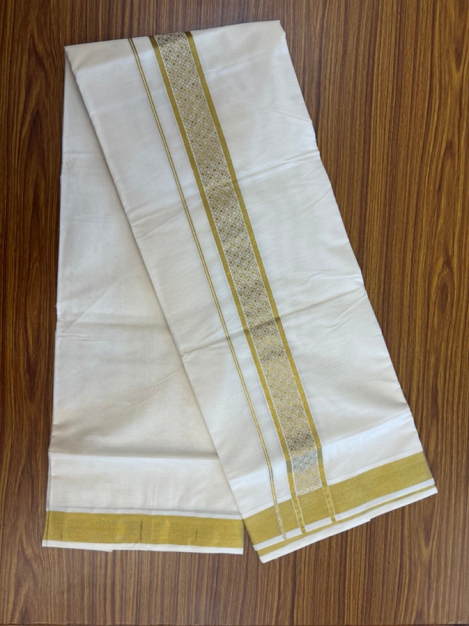 KaithariKada Balaramapuram Pure Cotton DOUBLE OFF WHITE - (Ubleached) Mundu/Dhoti - 60s - 1.75 inch Gold Kasav Jacquard Design Kara 4 mtr (8.5 muzham) - 16 KK5281 GAN