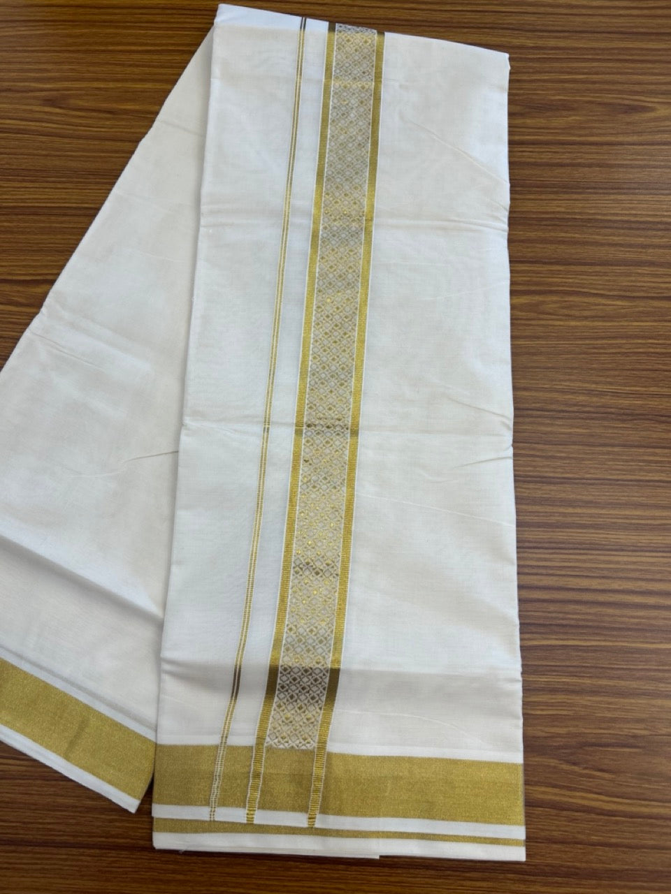 KaithariKada Balaramapuram Pure Cotton DOUBLE OFF WHITE - (Ubleached) Mundu/Dhoti - 60s - 1.75 inch Gold Kasav Jacquard Design Kara 4 mtr (8.5 muzham) - 16 KK5281 GAN