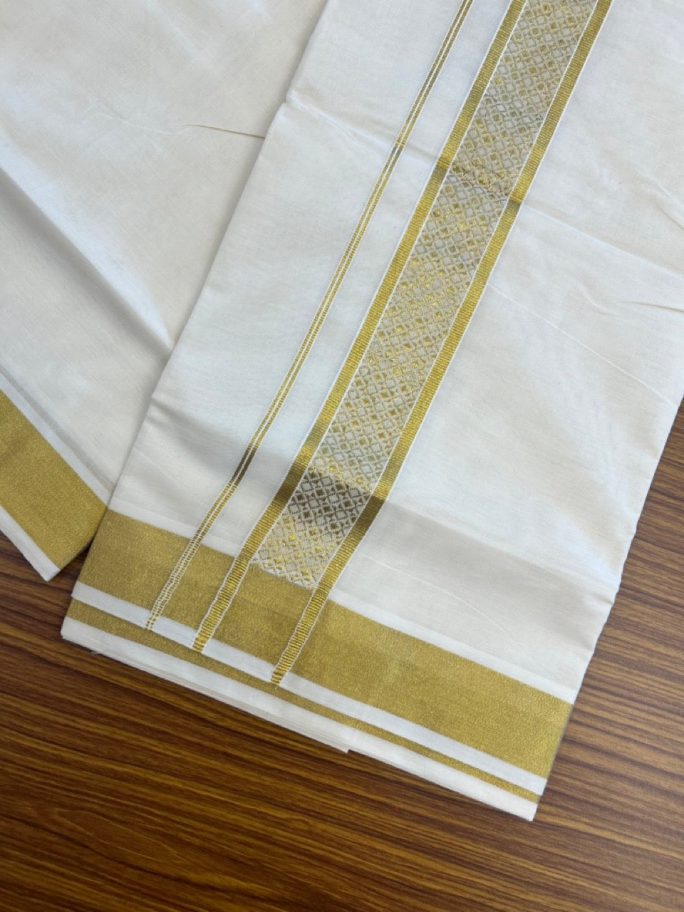 KaithariKada Balaramapuram Pure Cotton DOUBLE OFF WHITE - (Ubleached) Mundu/Dhoti - 60s - 1.75 inch Gold Kasav Jacquard Design Kara 4 mtr (8.5 muzham) - 16 KK5281 GAN
