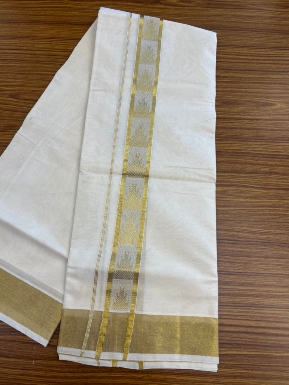 KaithariKada Balaramapuram Pure Cotton DOUBLE OFF WHITE - (Ubleached) Mundu/Dhoti - 60s - 1.75 inch Gold Kasav Jacquard Temple Big Design Kara 4 mtr (8.5 muzham) - 14 KK5281 GAN
