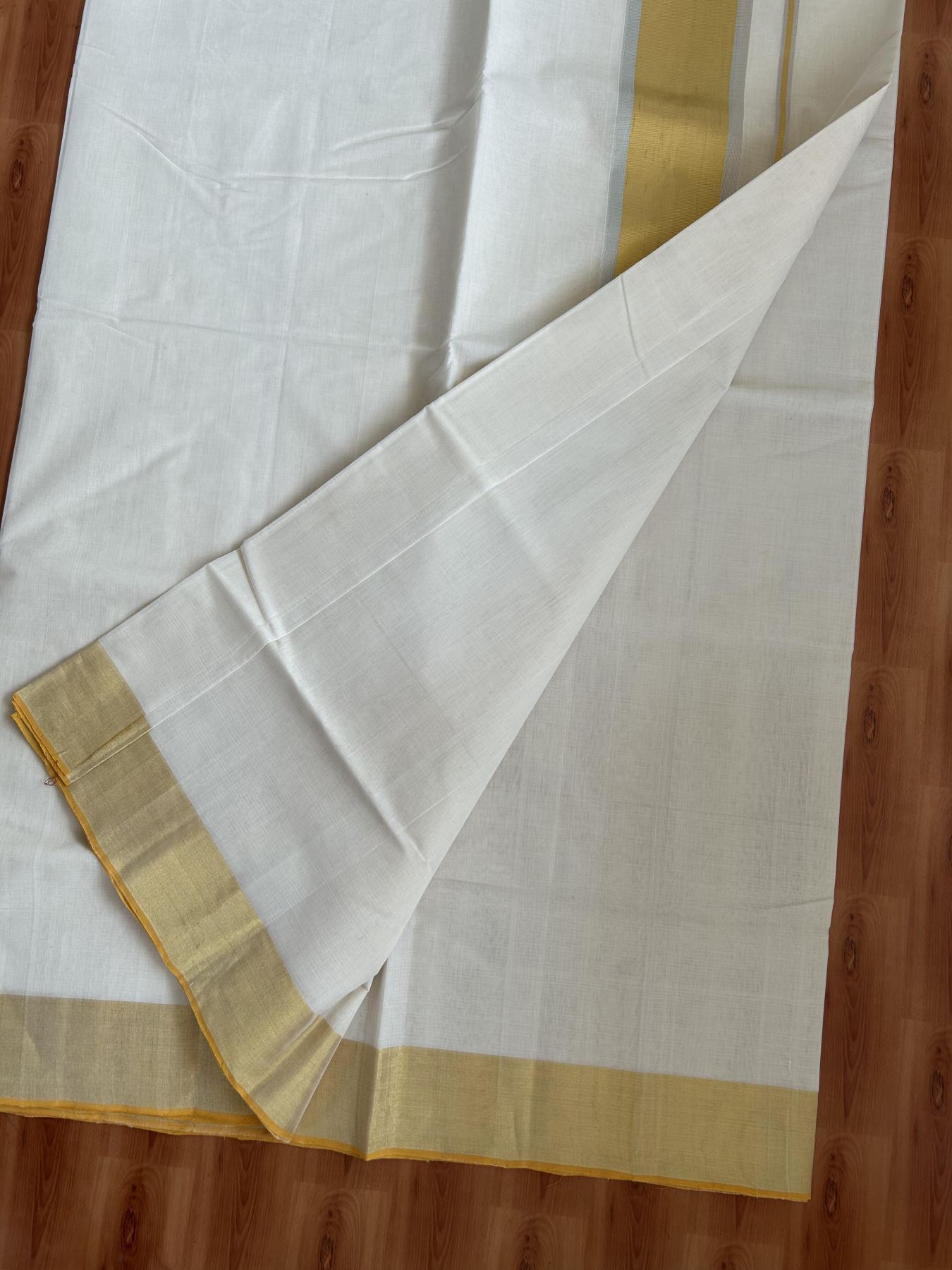 Kerala Saree for Women - 25% Discount KaithariKada Handloom Millpaav Balaramapuram - 100% Pure Cotton - 4 inch Gold & Silver Kasav striped Kara - 15 KK7158 RAV