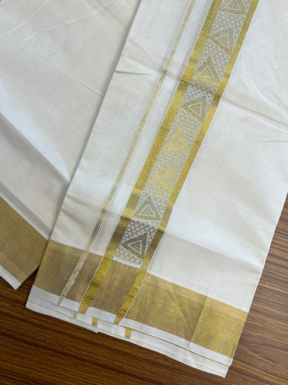 KaithariKada Balaramapuram Pure Cotton DOUBLE OFF WHITE - (Ubleached) Mundu/Dhoti - 60s - 1.75 inch Gold Kasav Jacquard Big Design Kara 4 mtr (8.5 muzham) - 15 KK5281 GAN