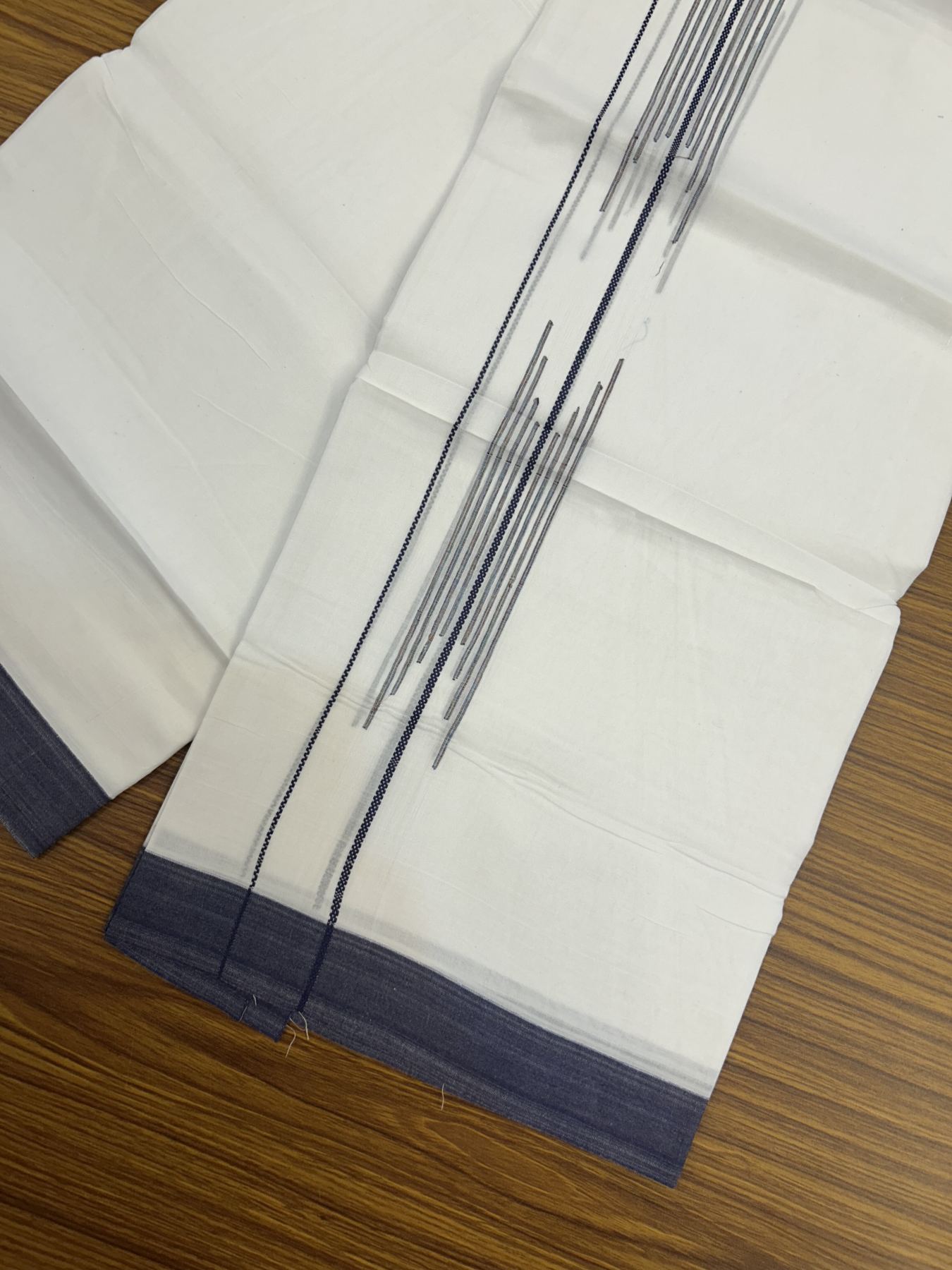 20% Discount ! Kaitharikada Balaramapuram 100% Cotton Pure White Double Mundu/Dothi - 100x80 - 1.5 inch Navy Blue Stripes Design Kara 3.80 mtr (8 muzham) - 20 KK5319 THI