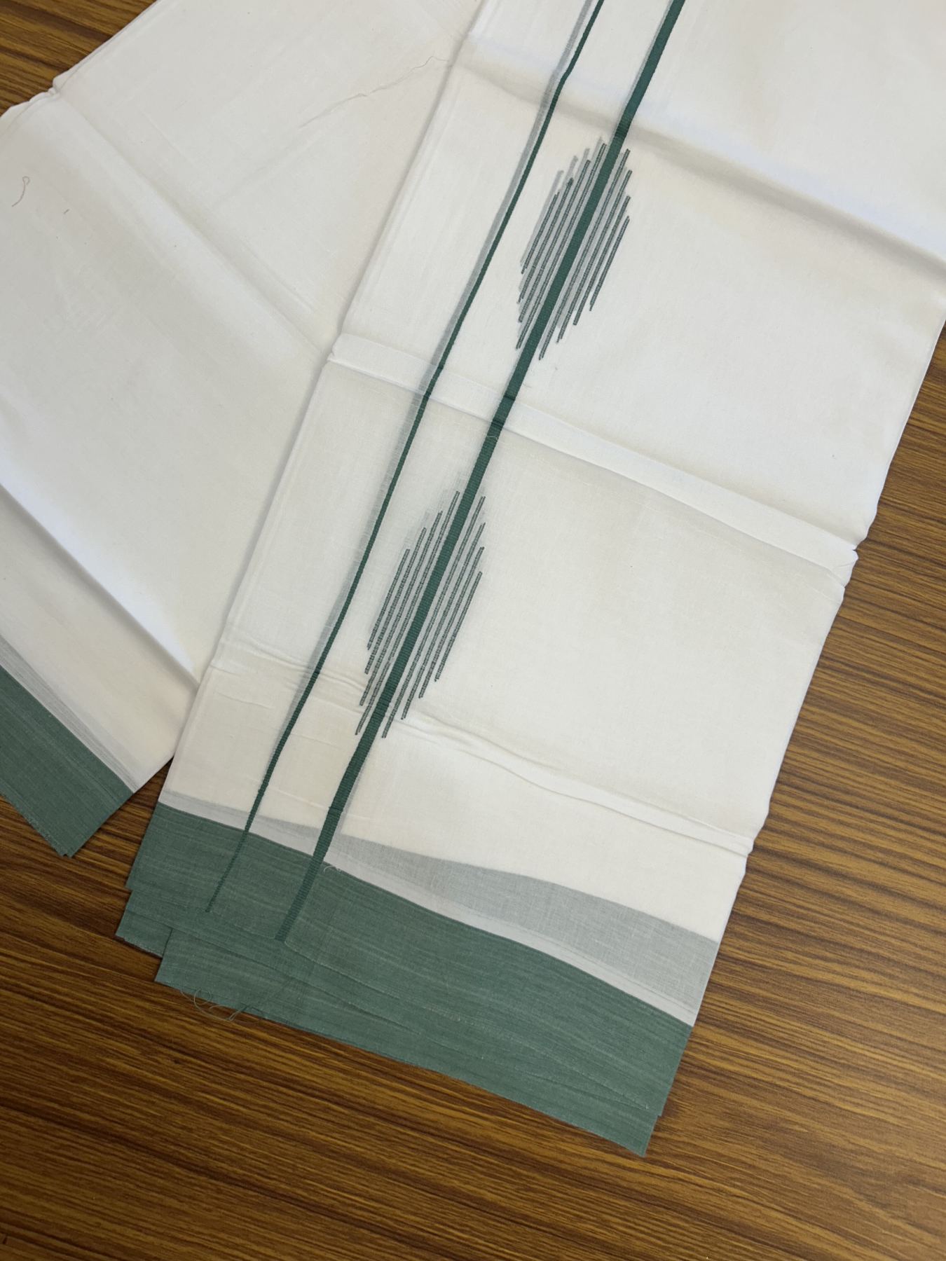 20% Discount ! Kaitharikada Balaramapuram 100% Cotton Pure White Double Mundu/Dothi - 100x80 - 1.5 inch Teal Green Stripes Design Kara 3.80 mtr (8 muzham) - 40 KK5319 THI