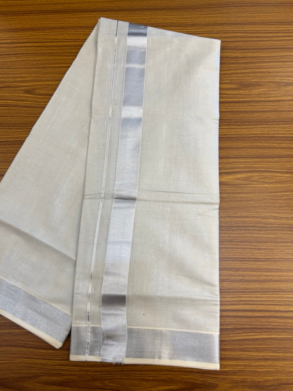 20% Discount! KaithariKada Balaramapuram Cotton Mix (60)s - Silver Kasav TISSUE Double Dhoti/Mund 1.5 inch Silver kara 4 mtr (8.5 muzham) - 18 KK5281 GAN