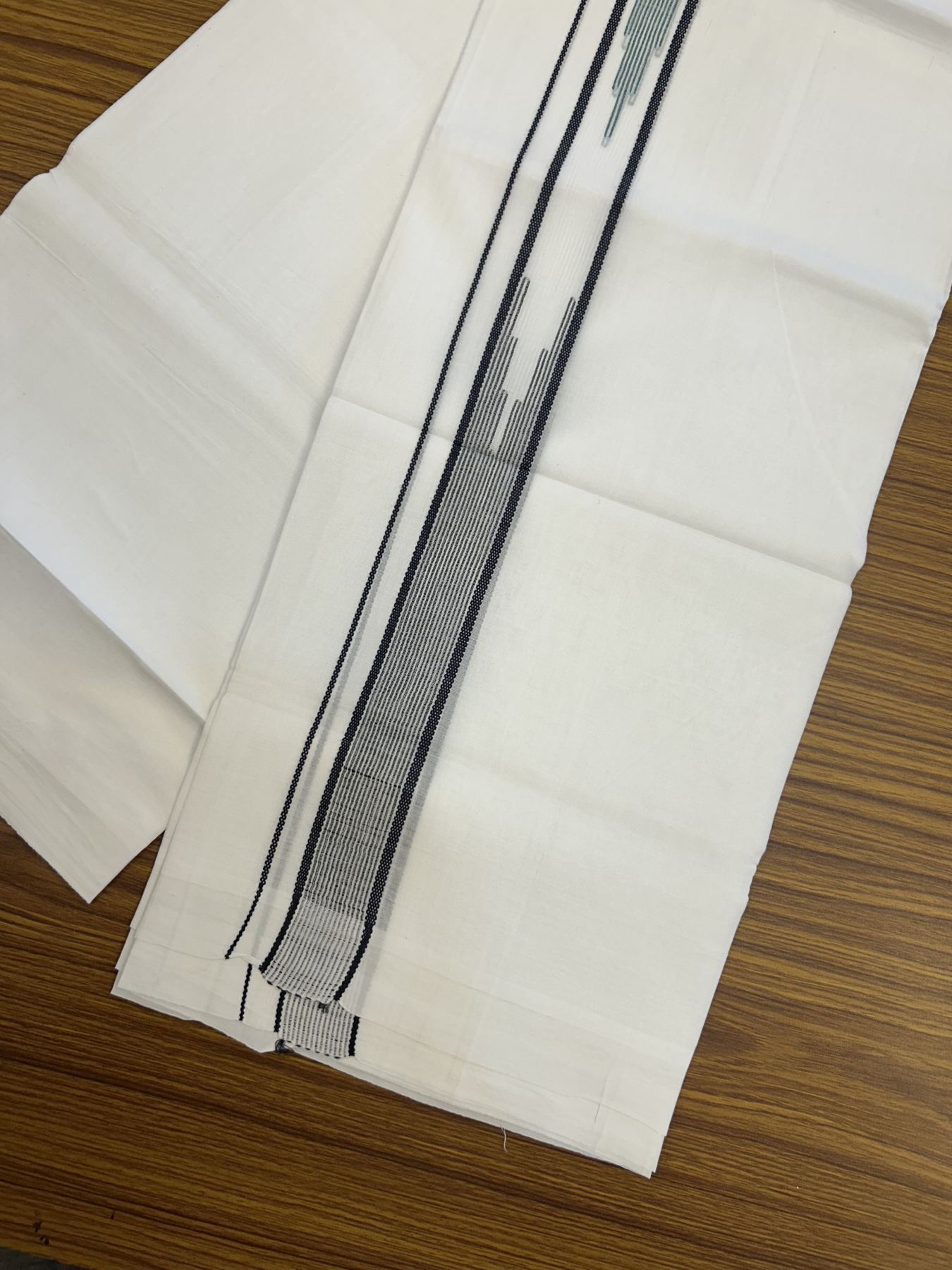 20% Discount ! Kaitharikada Balaramapuram 100% Cotton Pure White Double Mundu/Dothi - 100x80 - 1.5 inch Ash Black & Blue Green Stripes Design Chutty Kara 3.80 mtr (8 muzham) - 25 KK5319 THI