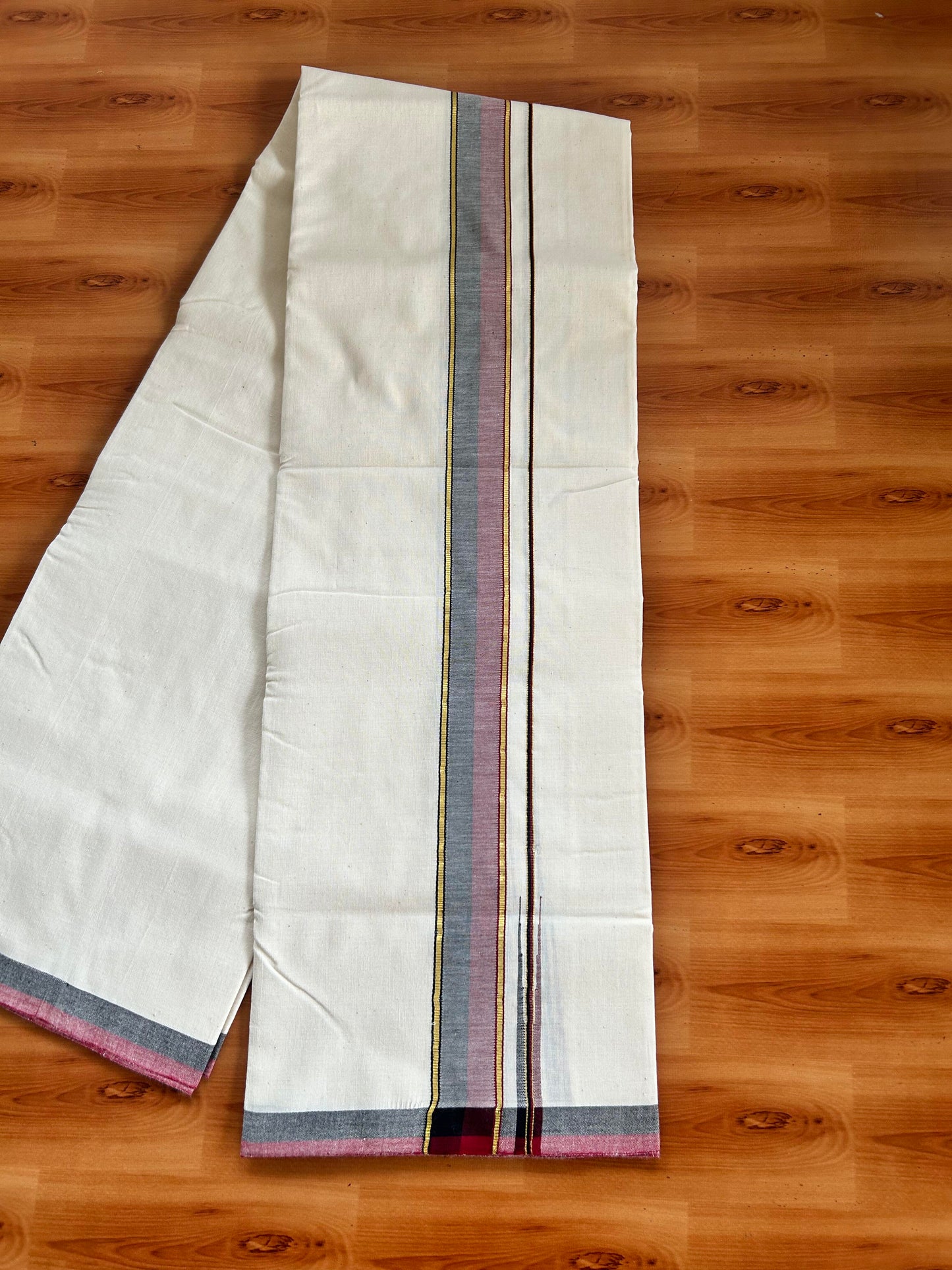 Signature Kaitharikada Exclusive Single Dhoti - 100% Cotton Kerala Handloom Single Mundu/Dhoti - Off White - (Unbleached) 1.5 Inch Gold Kasav Maroon & Black Shaded Chutty Kara (1.84 meters / 3.94 muzham) - 3 KK5464 KAI