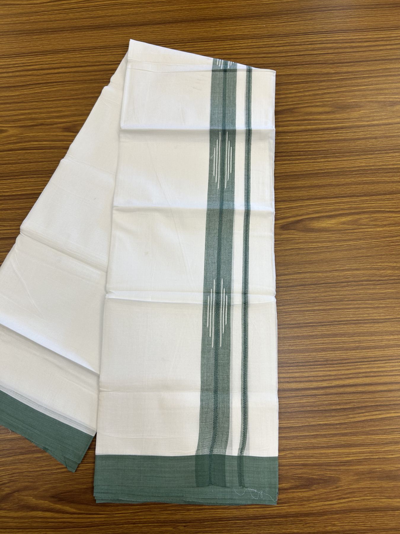 20% Discount ! Kaitharikada Balaramapuram 100% Cotton Pure White Double Mundu/Dothi - 100x80 - 1.5 inch Green Stripes Design Chutty Kara 3.80 mtr (8 muzham) - 44 KK5319 THI