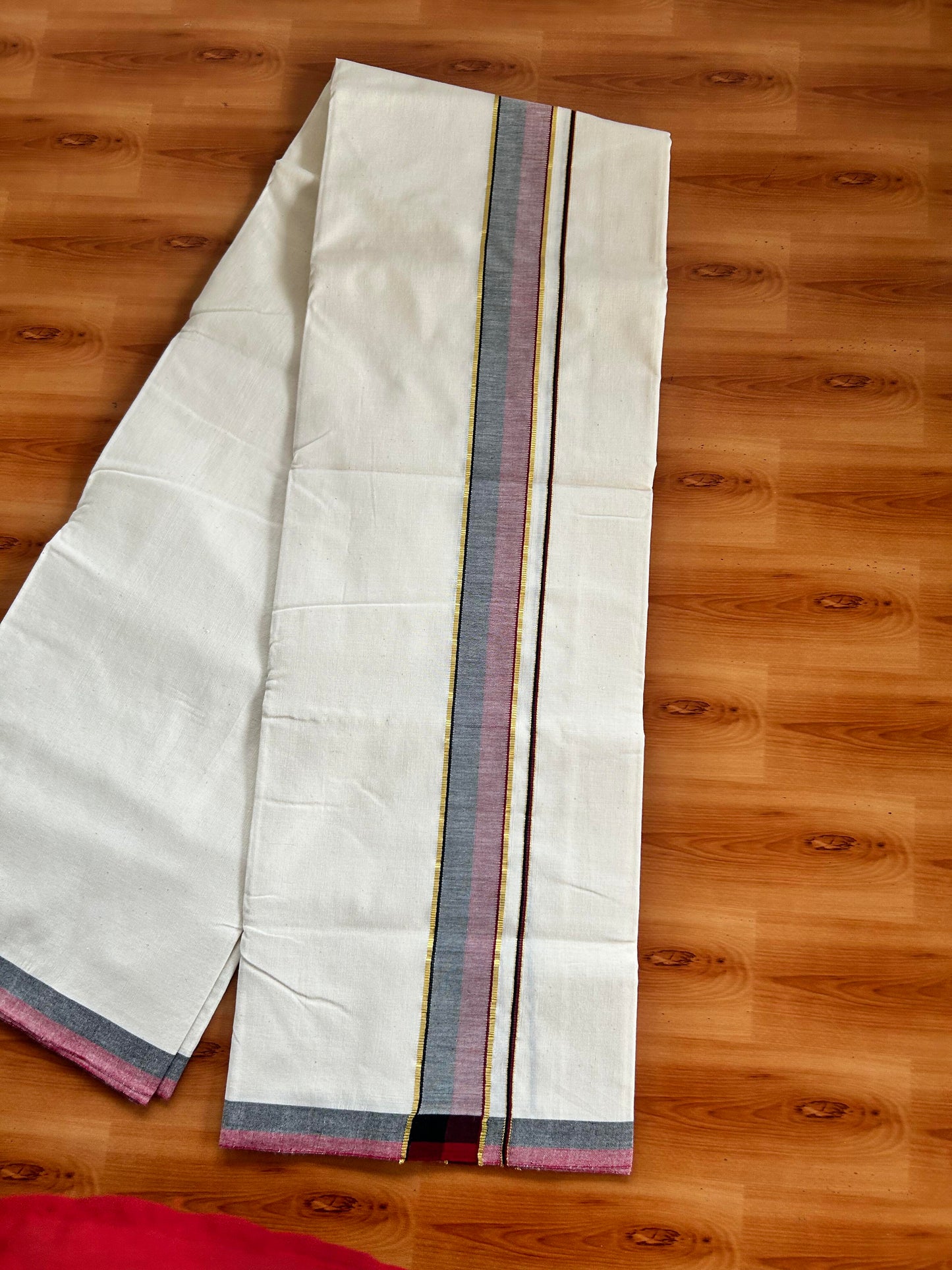 Signature Kaitharikada Exclusive Single Dhoti - 100% Cotton Kerala Handloom Single Mundu/Dhoti - Off White - (Unbleached) 1.75 Inch Gold Kasav Maroon & Black Shaded Kara (1.84 meters / 3.94 muzham) - 5 KK5464 KAI
