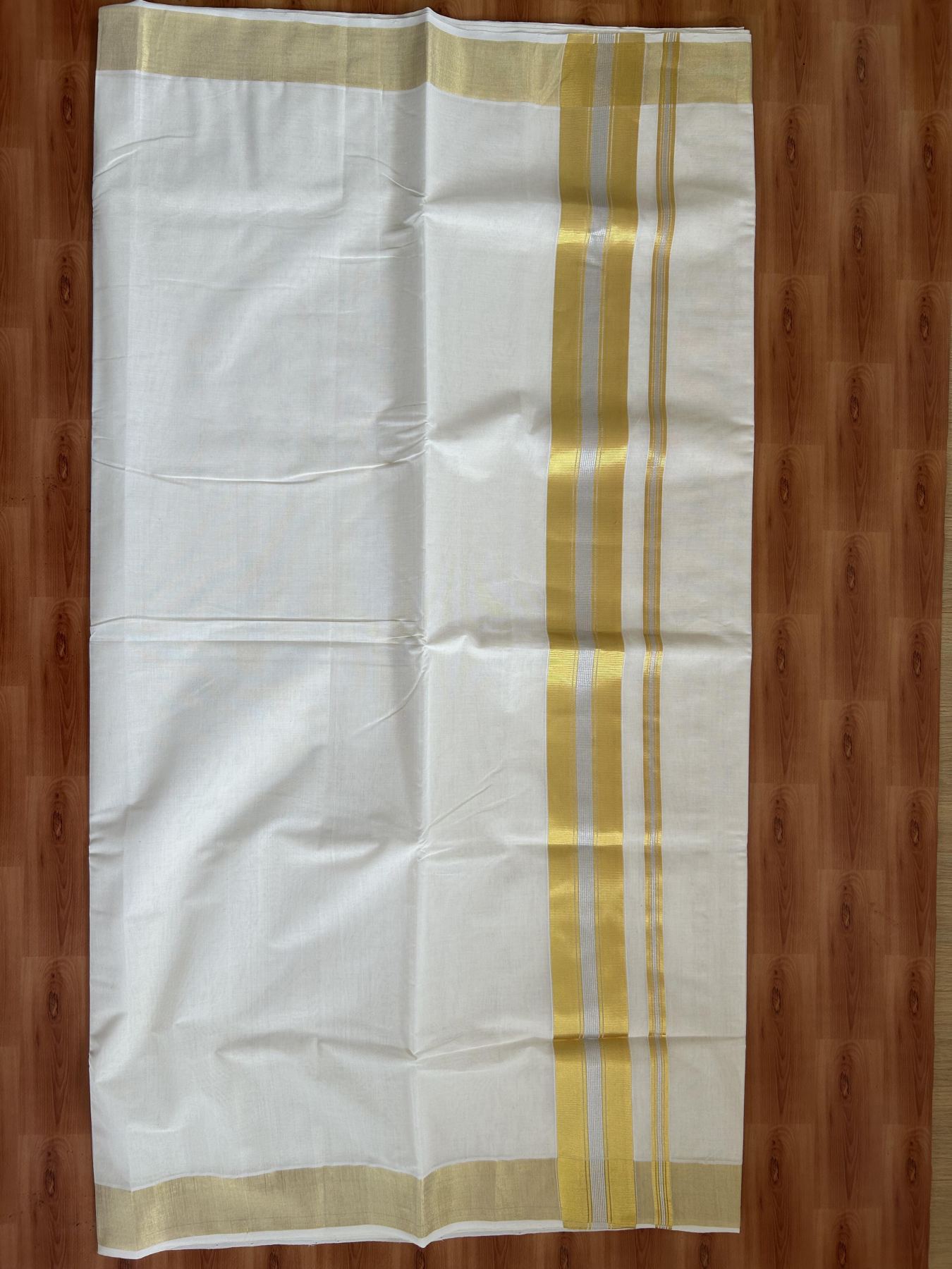 Kerala Saree for Women - 25% Discount KaithariKada Handloom Millpaav Balaramapuram - 100% Pure Cotton - 3 inch Gold & Silver Kasav striped Kara - 12 KK7158 RAV