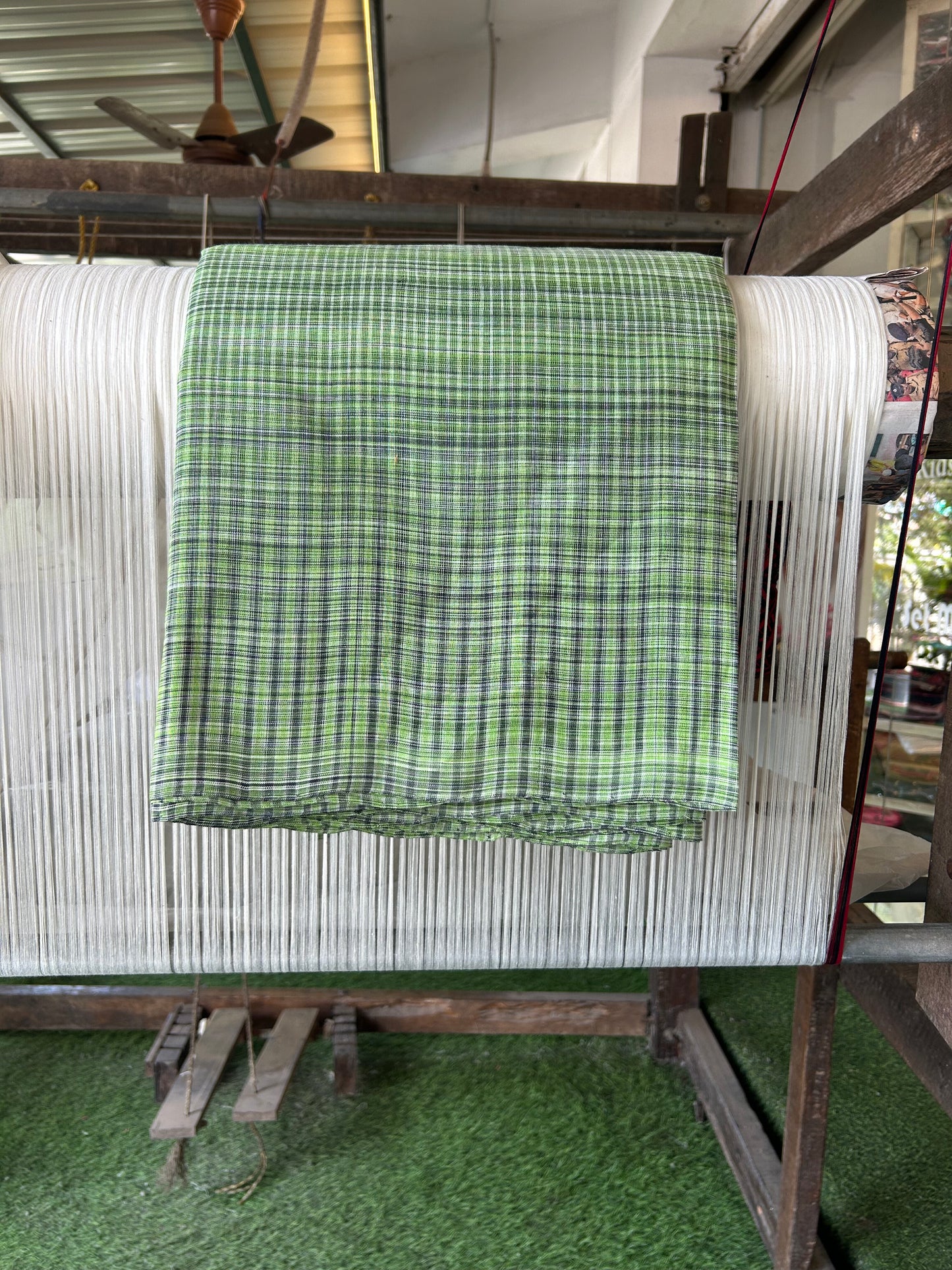 Handloom Khadi - Original Kerala Cotton Material - Kaitharikada Exclusive Product - Parrot Green & Black colour Shirt Material 2.5x1.27(m) (₹ 649 per meter) - 4 KK7011 ELA