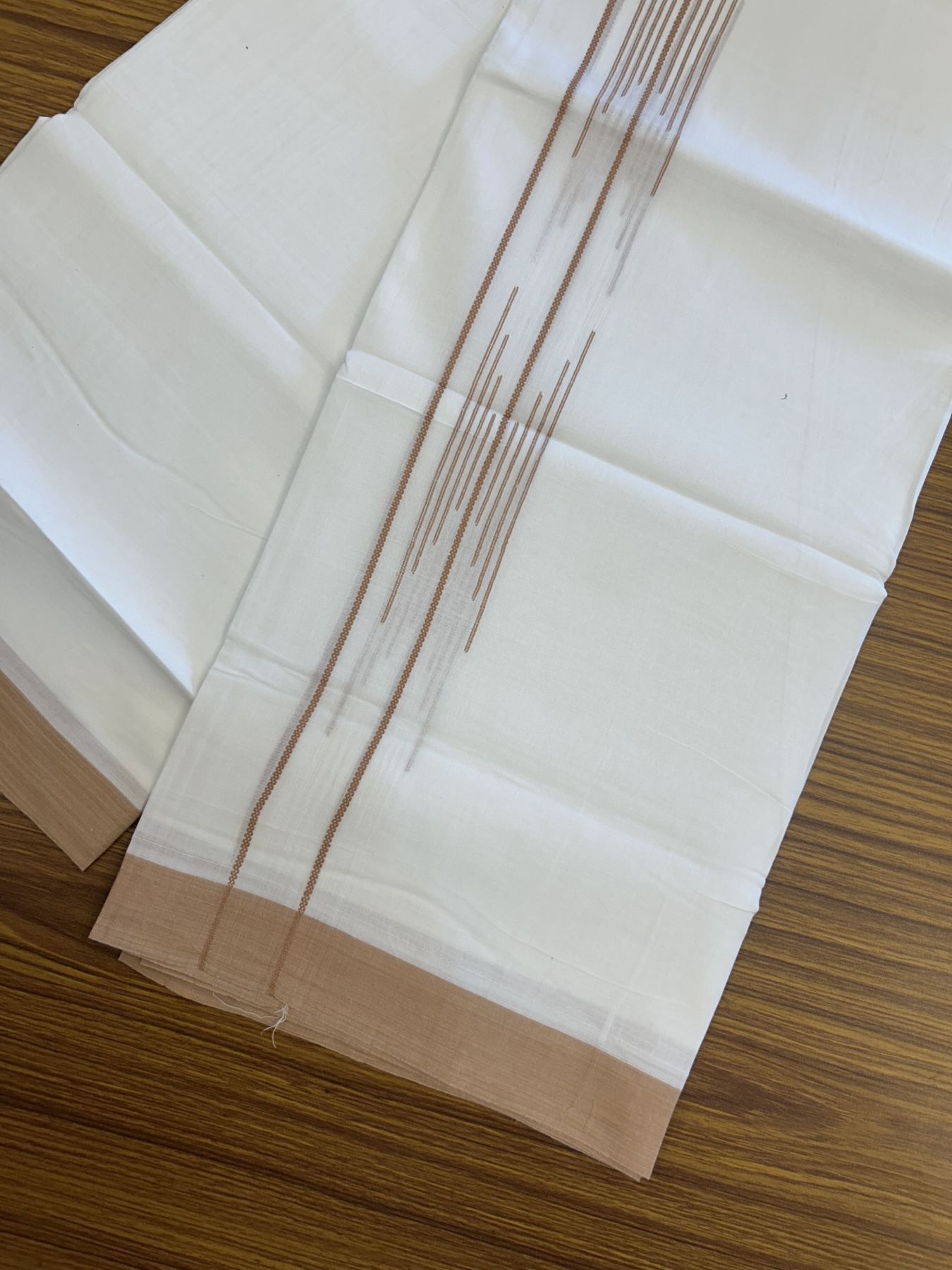 20% Discount ! Kaitharikada Balaramapuram 100% Cotton Pure White Double Mundu/Dothi - 100x80 - 1.5 inch Brownish Orange Stripes Design Kara 3.80 mtr (8 muzham) - 16 KK5319 THI
