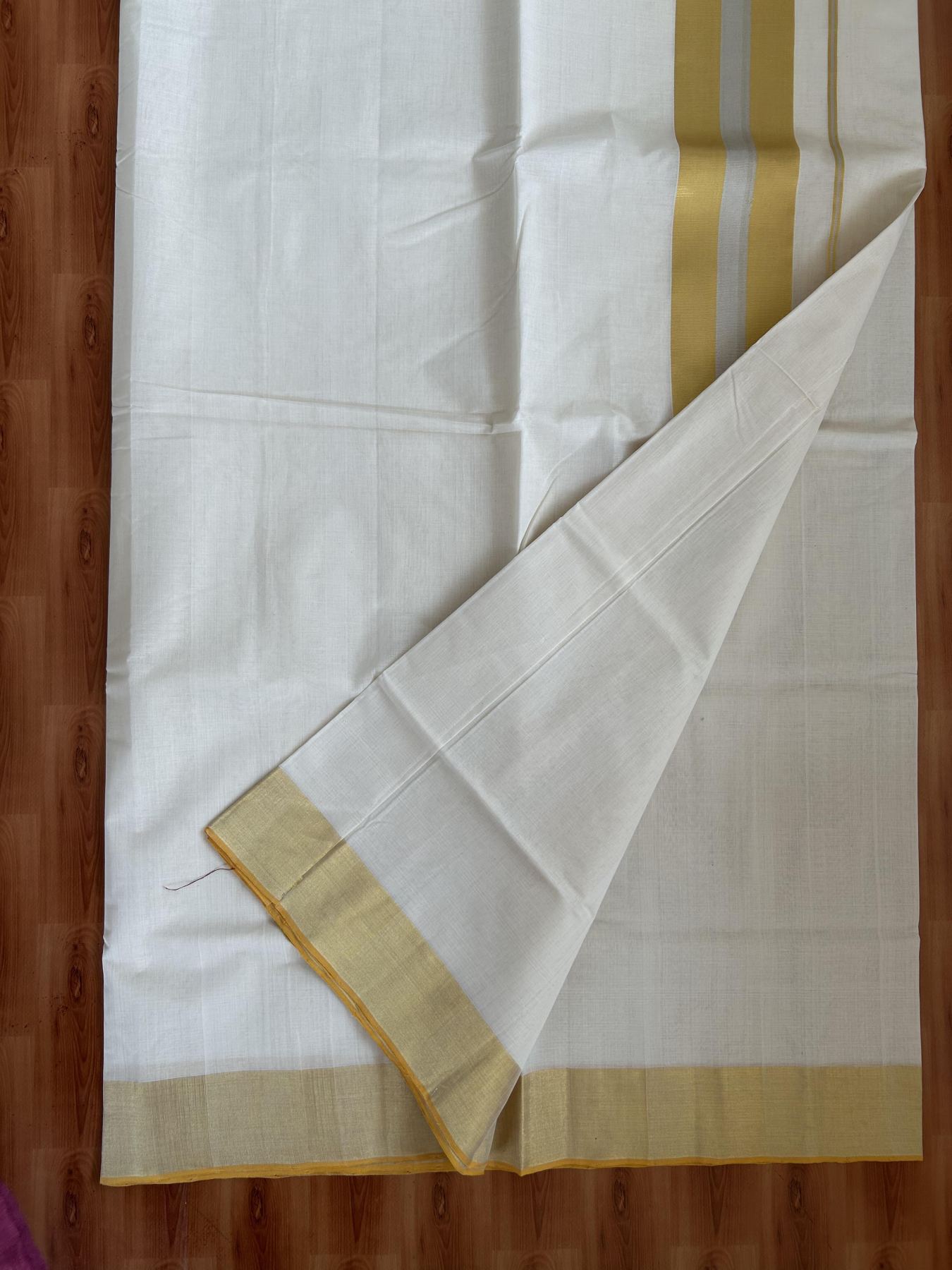 Kerala Saree for Women - 25% Discount KaithariKada Handloom Millpaav Balaramapuram - 100% Pure Cotton - 4 inch Gold & Silver Kasav striped Kara - 16 KK7158 RAV