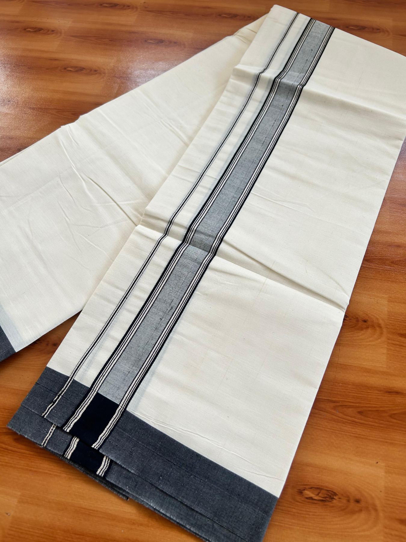 Short Dhoti Special - Off White (Unbleached) Single Mundu / Dhoti - KaithariKada Pure Cotton - 70x30 - 45 inch Height 1.80 m Length - 1.25 inch Black shaded silver striped kara - 1 KK5494 PMC
