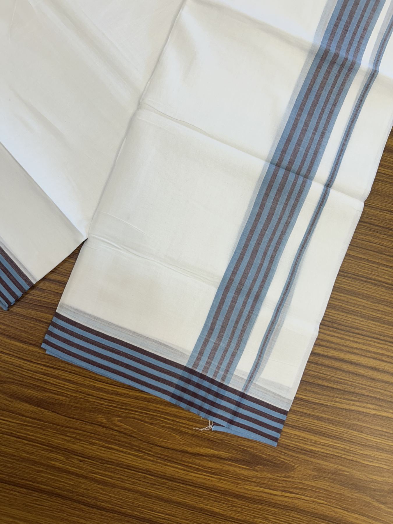 20% Discount ! Kaitharikada Balaramapuram 100% Cotton Pure White Double Mundu/Dothi - 100x80 - 1.25 inch Light Blue & Brown Shaded Striped Kara 3.80 mtr (8 muzham) - 8 KK5319 THI