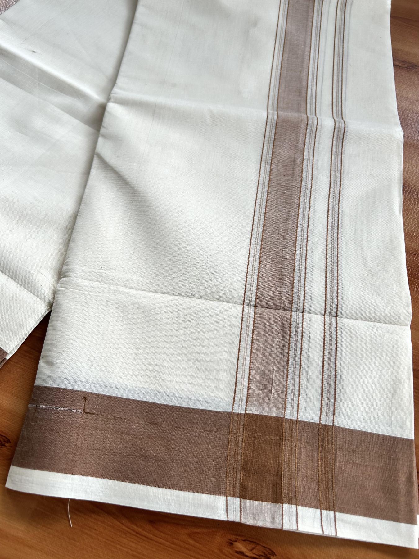 Double Off White (Unbleached) Mundu/Dhoti - 20% Discount! Kaitharikada Pure Cotton -100x80 - 1.75 Inch Silver Kasav & Light Brown Shaded Kara 4 mtr (8.5 muzham) - 103 KK5460 PMC