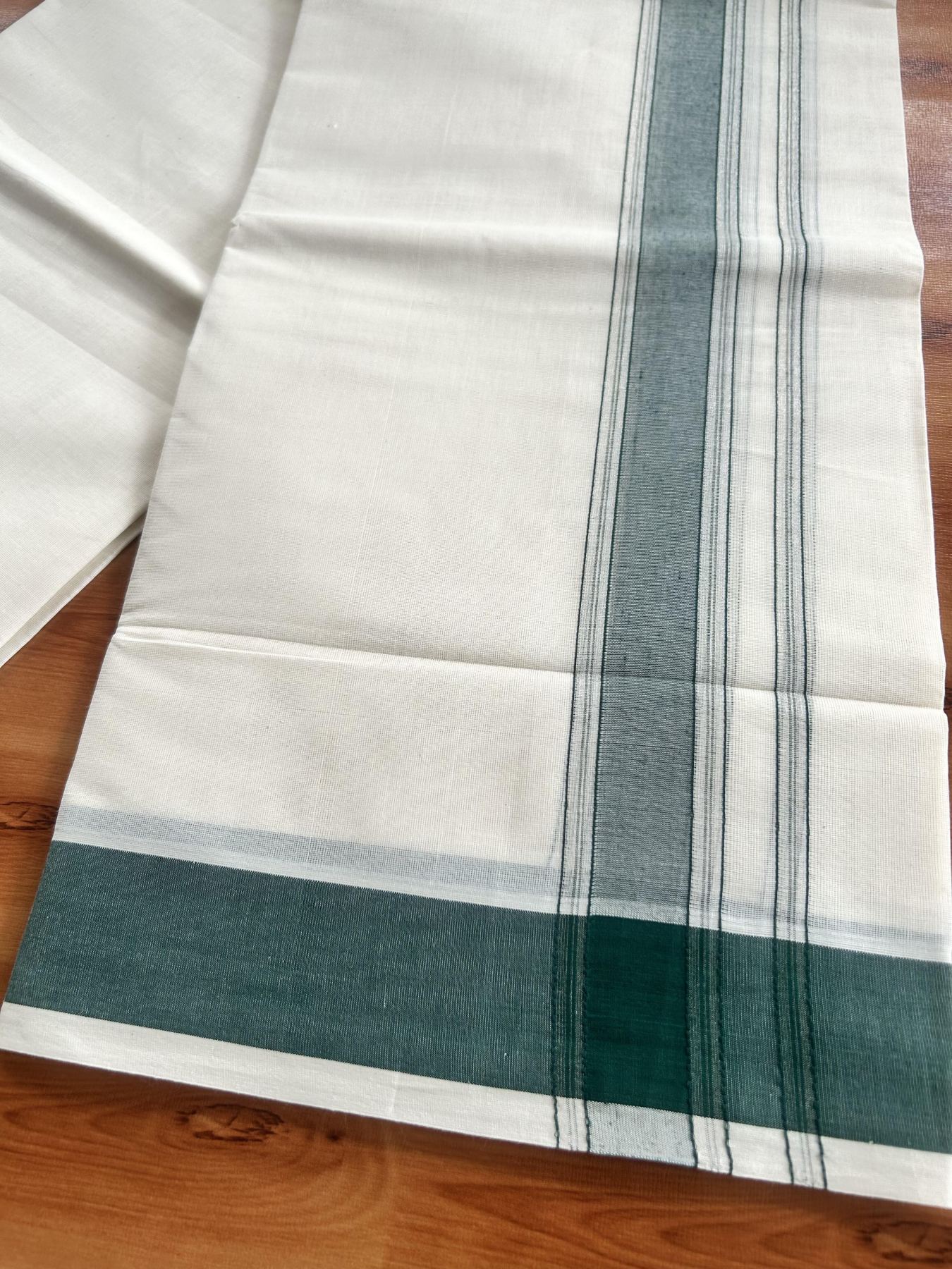 Double Off White (Unbleached) Mundu/Dhoti - 20% Discount! Kaitharikada Pure Cotton -100x80 - 1.75 Inch Silver Kasav & Green Shaded Kara 4 mtr (8.5 muzham) - 101 KK5460 PMC