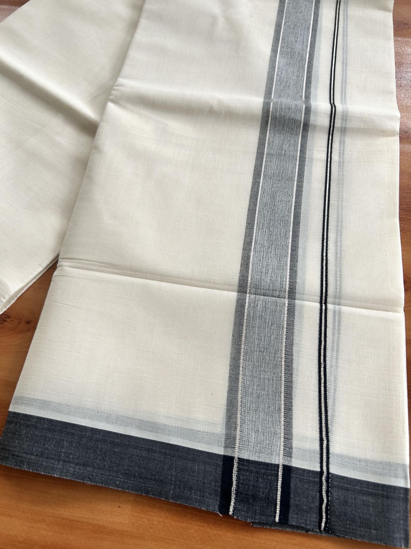Double Off White (Unbleached) Mundu/Dhoti - 20% Discount! Kaitharikada Pure Cotton - 60s - 1.5 Inch Silver Kasav & Ash Black Shaded Kara 4 mtr (8.5 muzham) - 99 KK5460 PMC